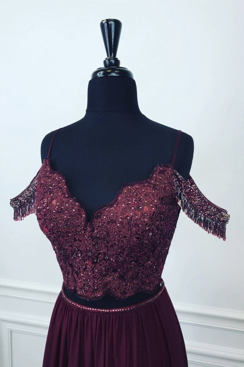 Unthony - Off Shoulder Two Pieces Purple Lace Long Prom Dress