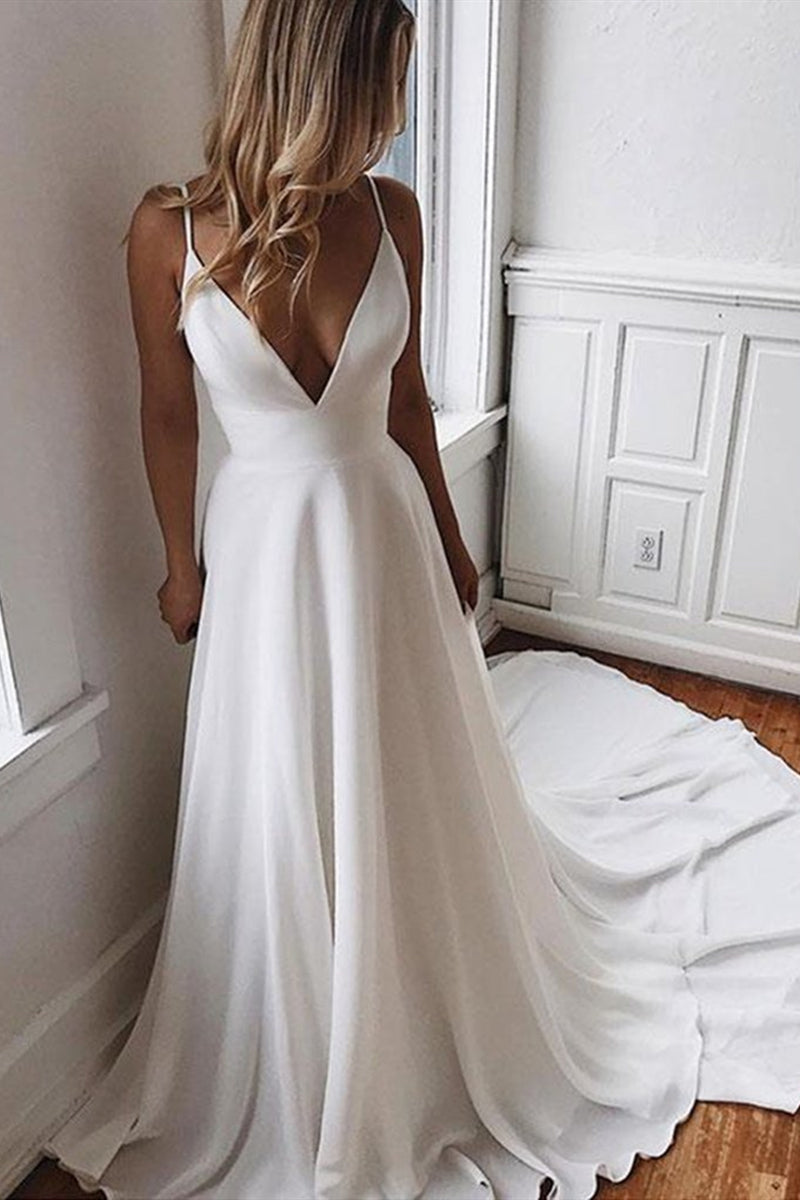 Unthony - Elegant V Neck White Satin Long Wedding Dress with Lace Back