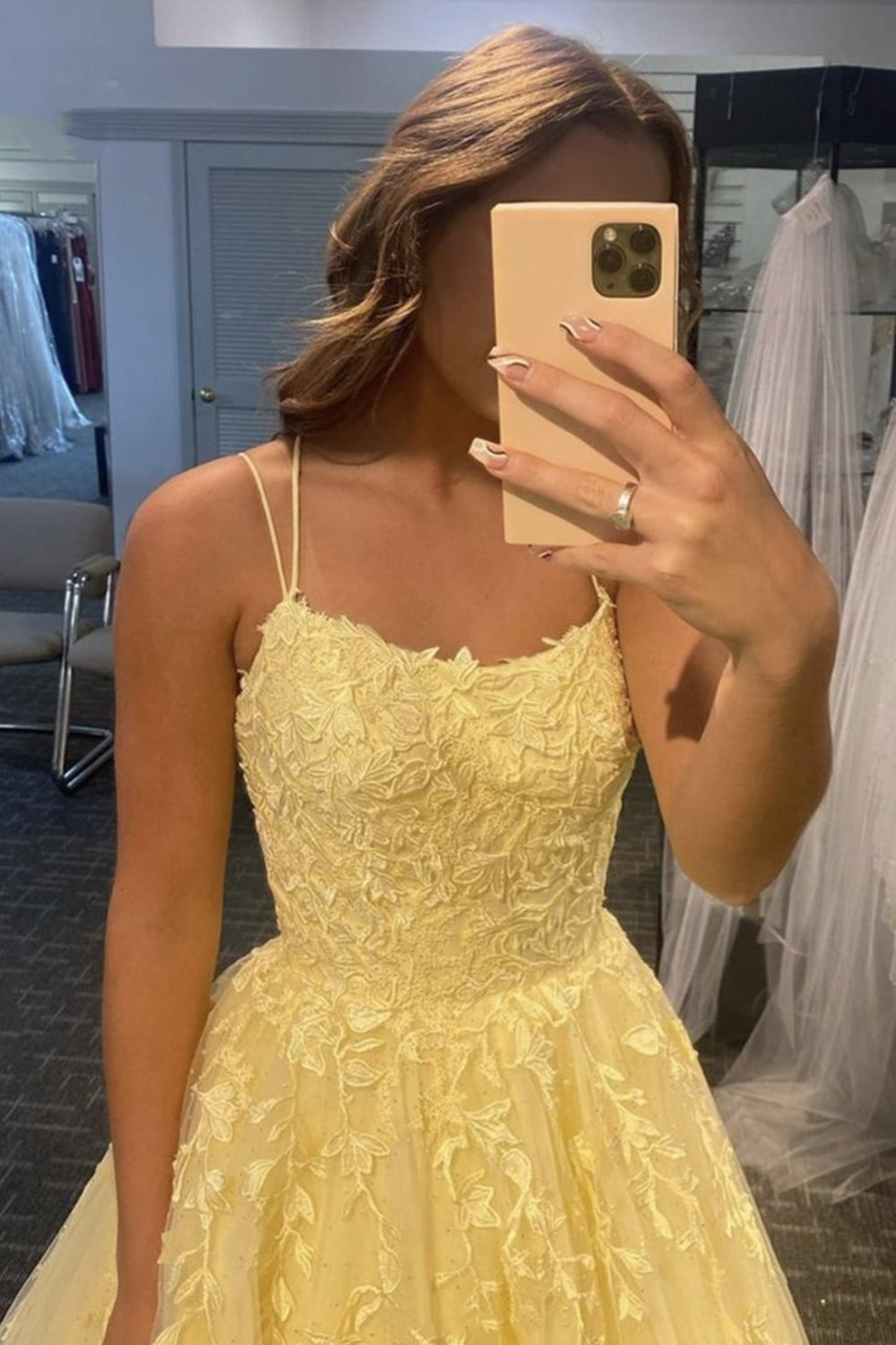 Unthony - A Line Open Back Yellow Lace Long Prom Dress