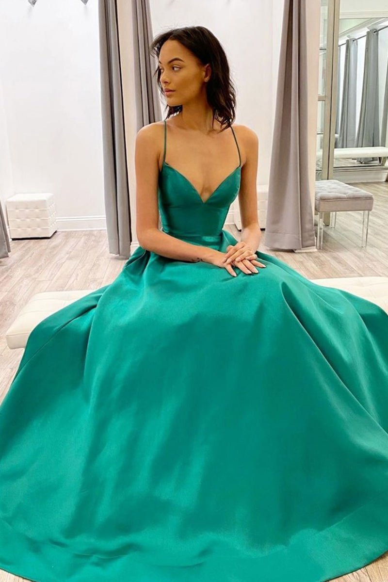 Unthony - Simple A Line V Neck Green Satin Long Prom Dress