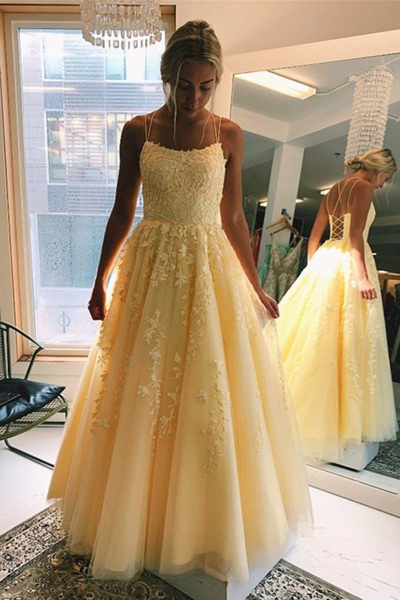 Unthony - A Line Floor Length Lace Yellow Tulle Long Prom Dress