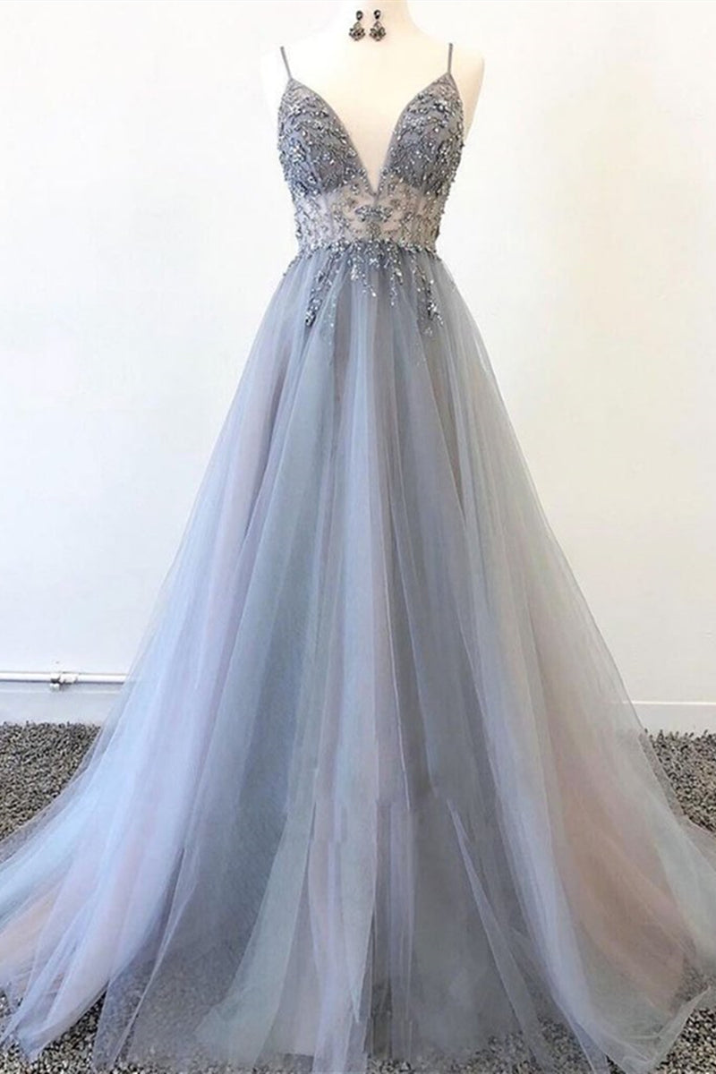 Unthony - A Line V Neck Grey Beaded Long Prom Dress with Split