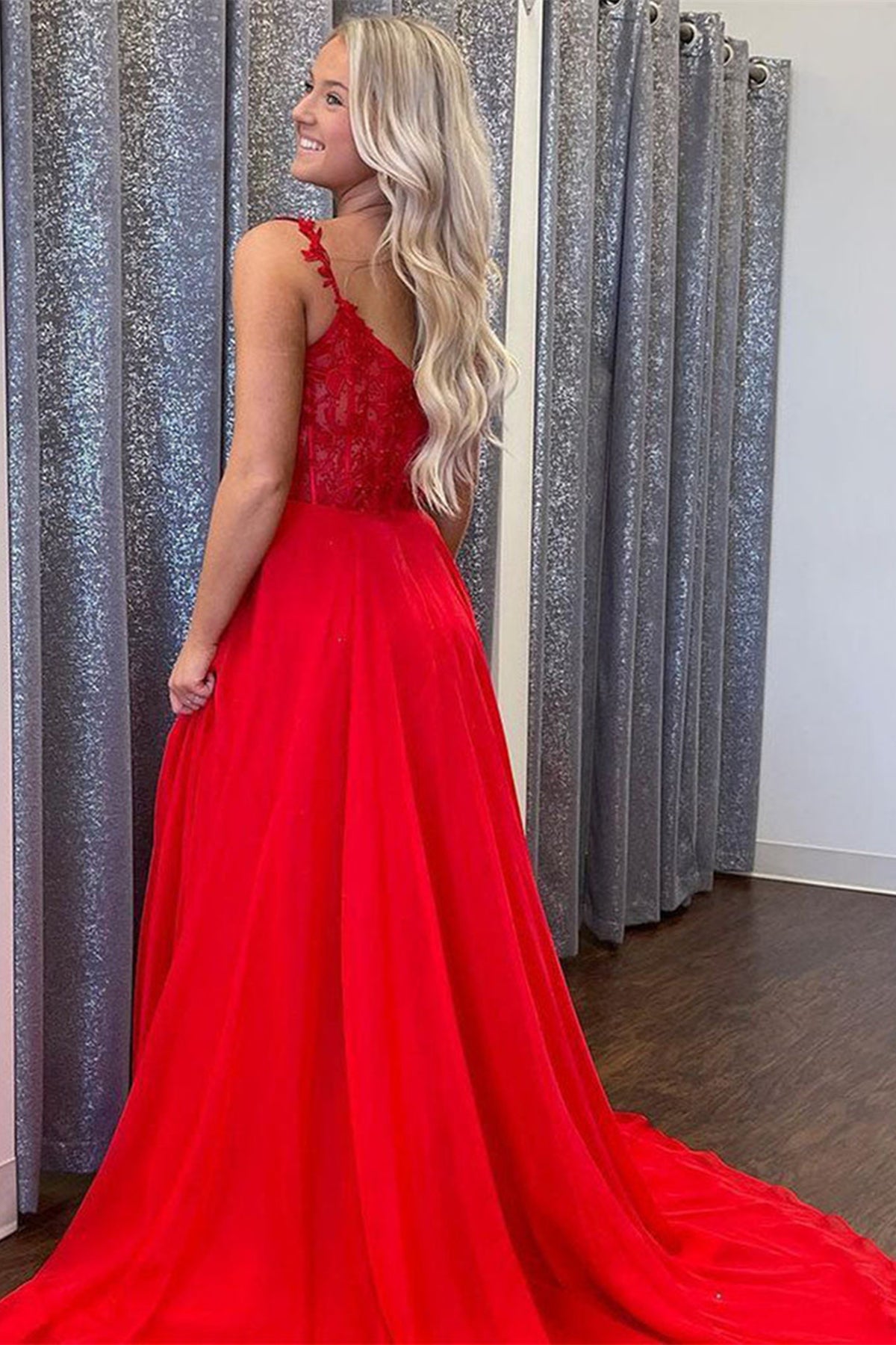 Unthony - A Line V Neck Red Lace Long Prom Dress with Leg Slit