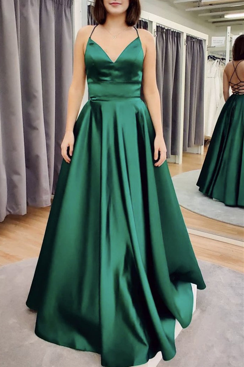 Unthony - A Line V Neck Floor Length Backless Emerald Green Satin Long Prom Dress