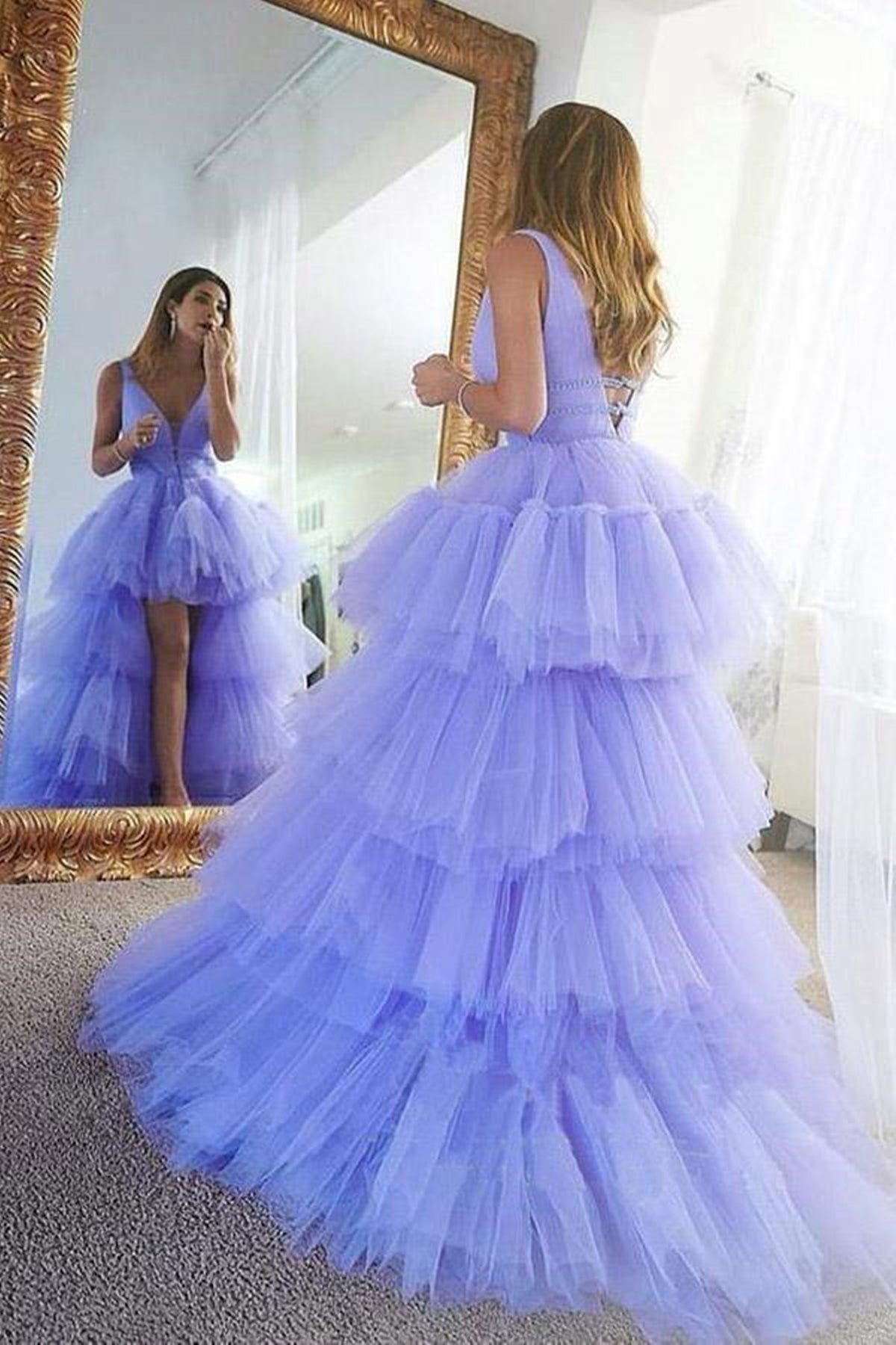 Unthony - High Low V Neck Purple Tulle Long Prom Dress with Belt