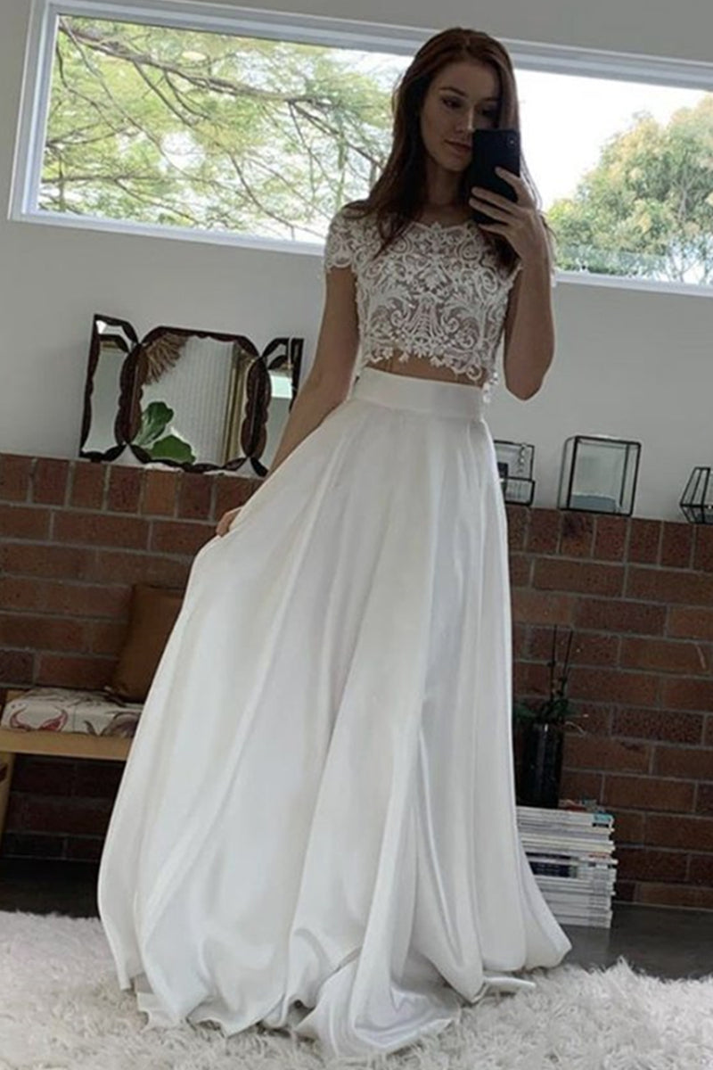 Unthony - Short Sleeves 2 Pieces White Lace Long Prom Dress