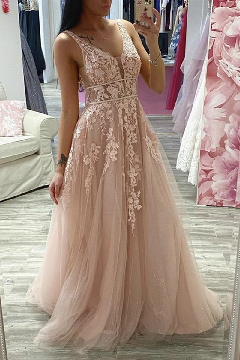 Unthony - A Line V Neck Pink Lace Long Prom Dress