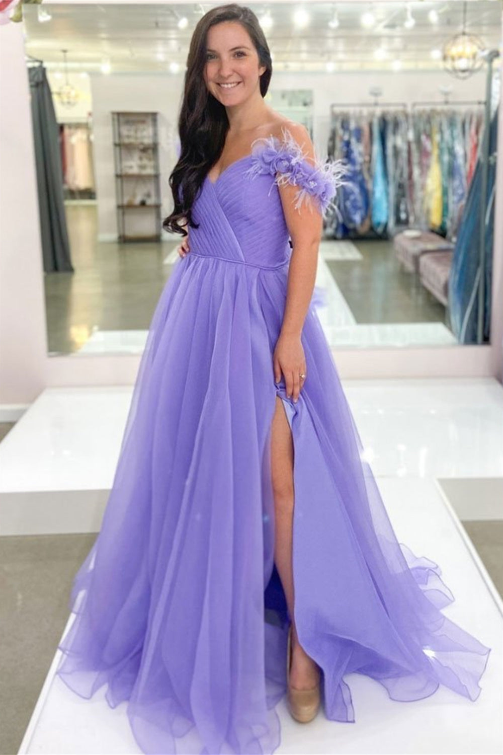 Unthony - Off the Shoulder Purple Long Prom Dress with Slit