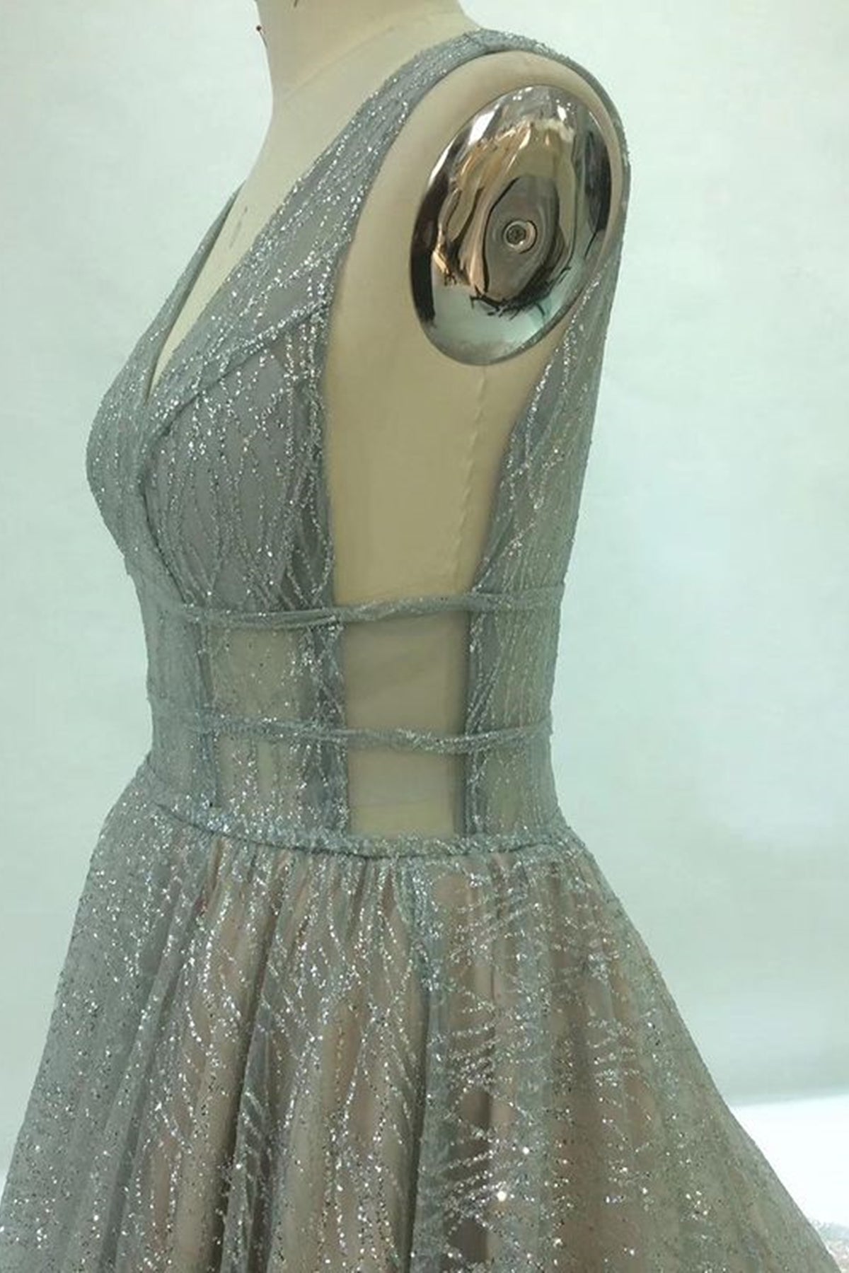 Unthony - Shiny V Neck Open Back Champagne Long Prom Dresses