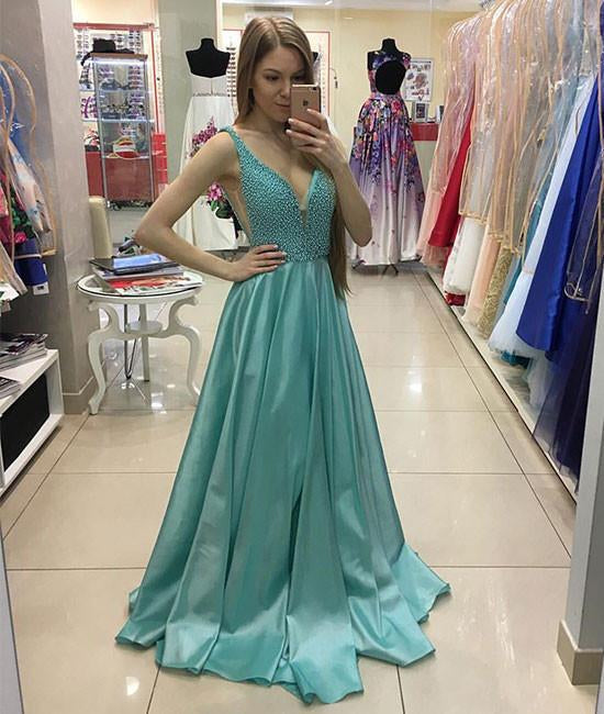 Unthony - A Line V Neck Beaded Satin Long Prom Dress