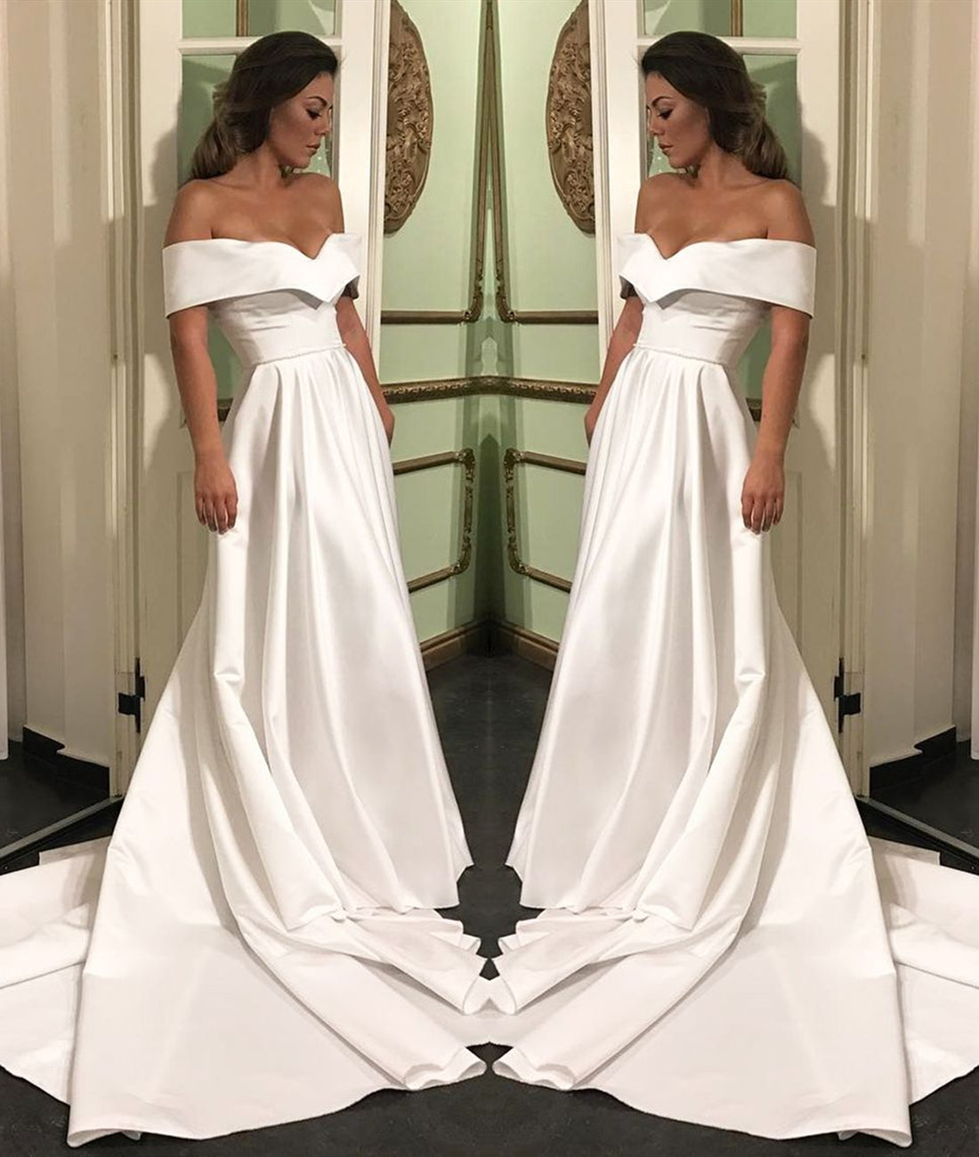 Unthony - Elegant Off Shoulder White Satin Long Prom Dresses