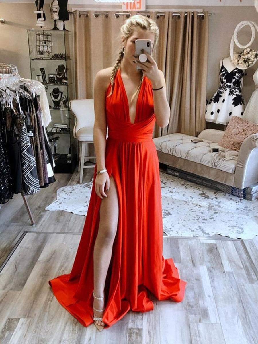 Unthony - Elegant Red Halter V Neck Long Prom Dresses with High Split