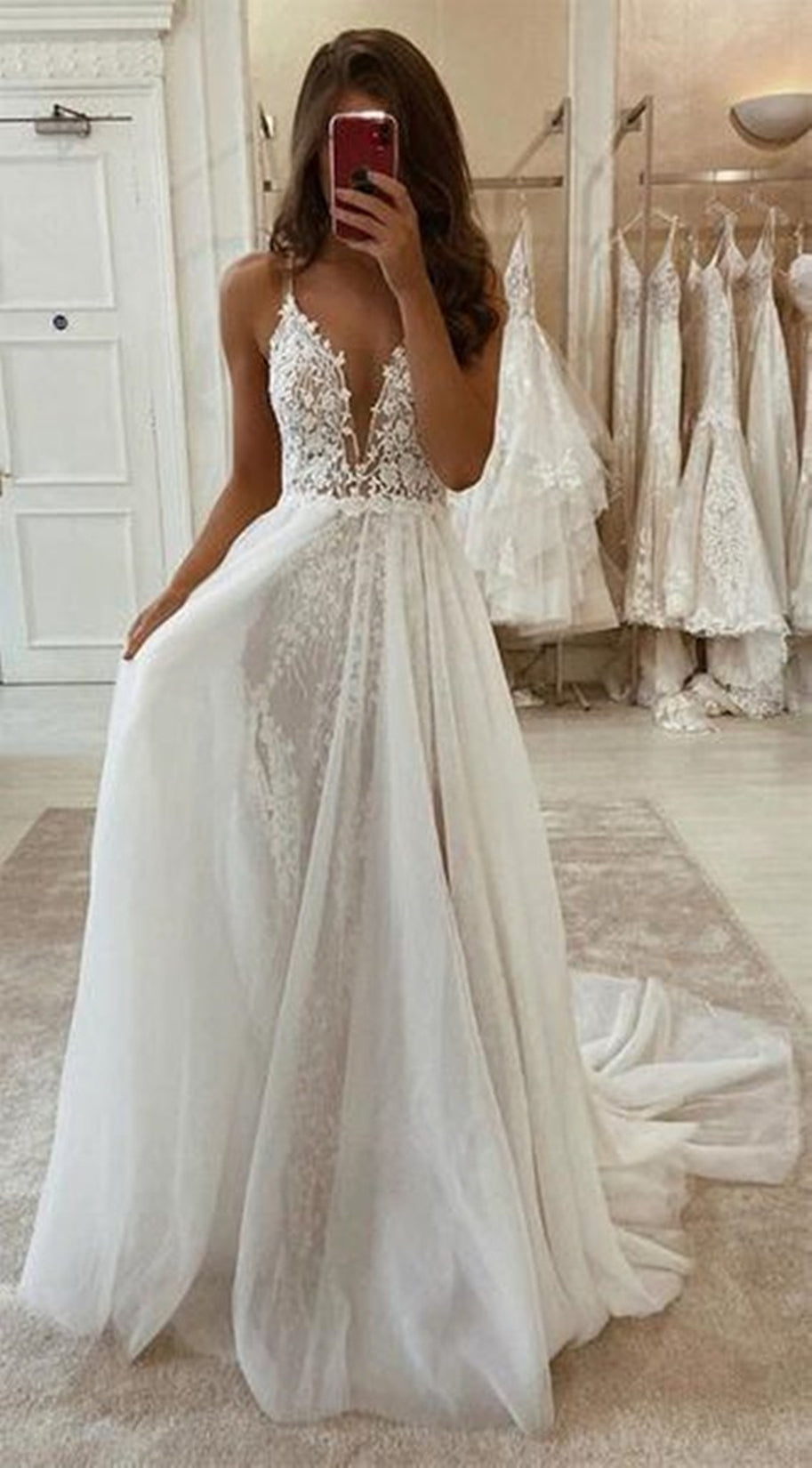 Unthony - A Line V Neck Ivory Lace Long Prom Wedding Dress with High Slit