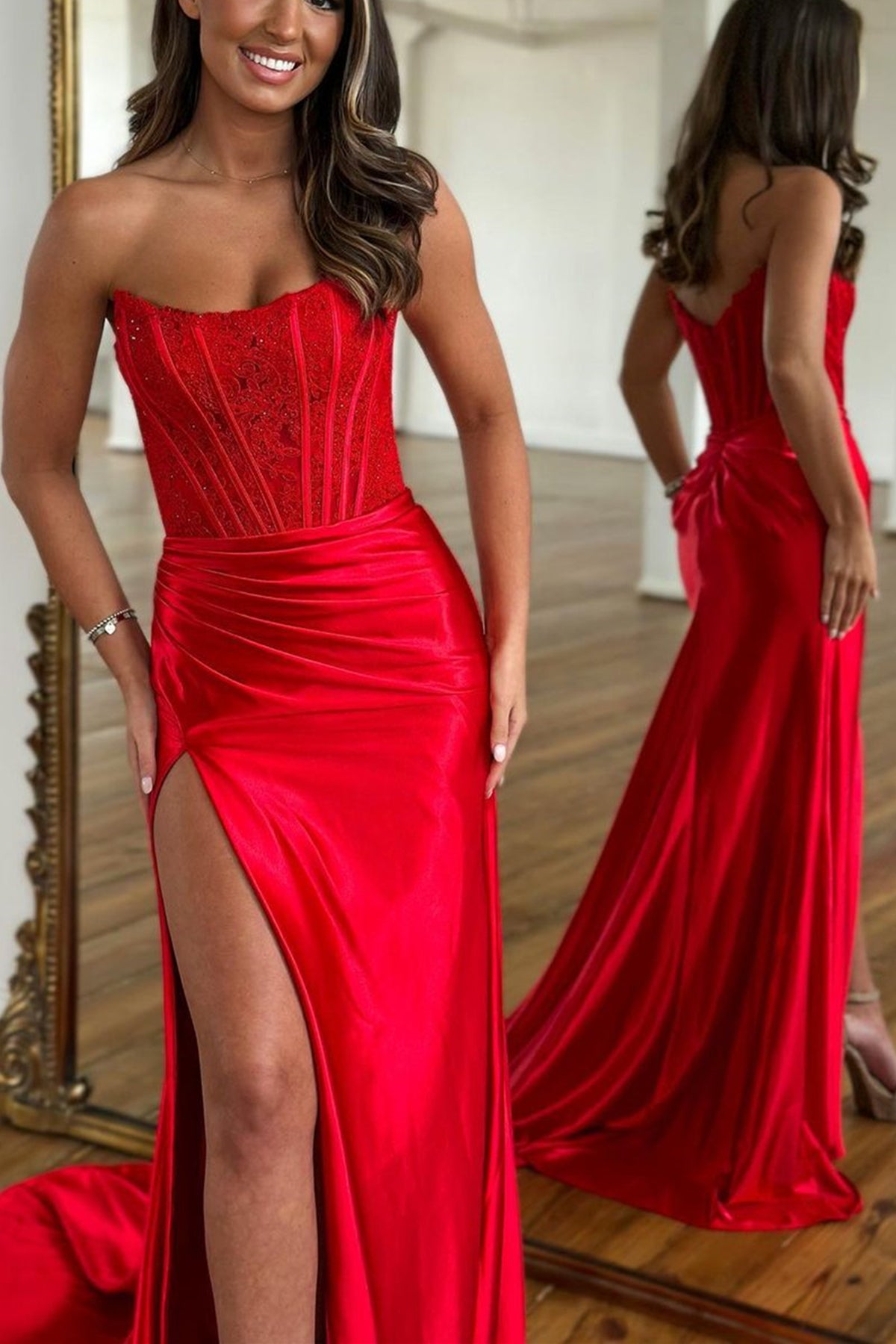 Unthony - Strapless Mermaid Red Lace Long Prom Dress