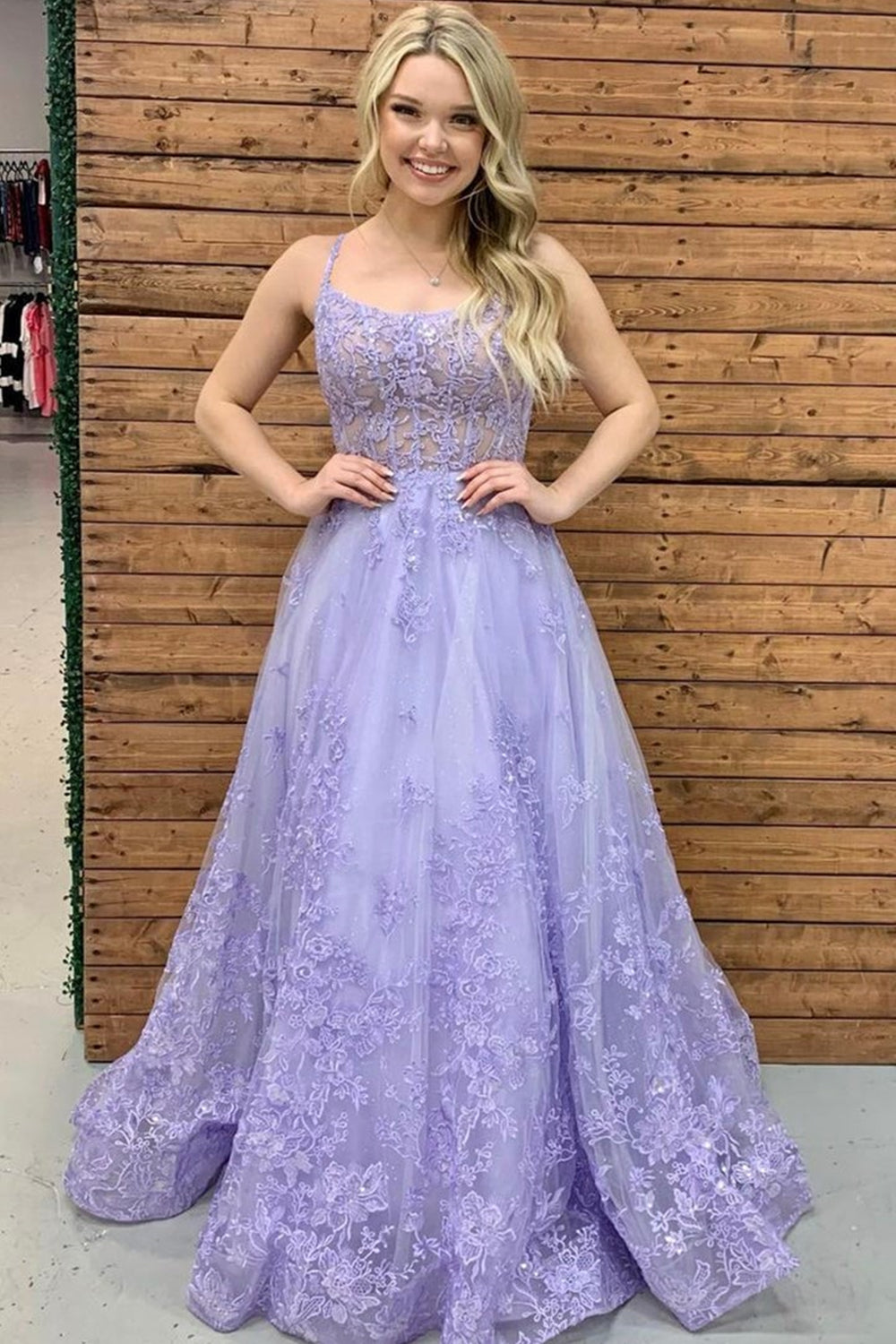 Unthony - Purple Lace Floral Long Prom Dress