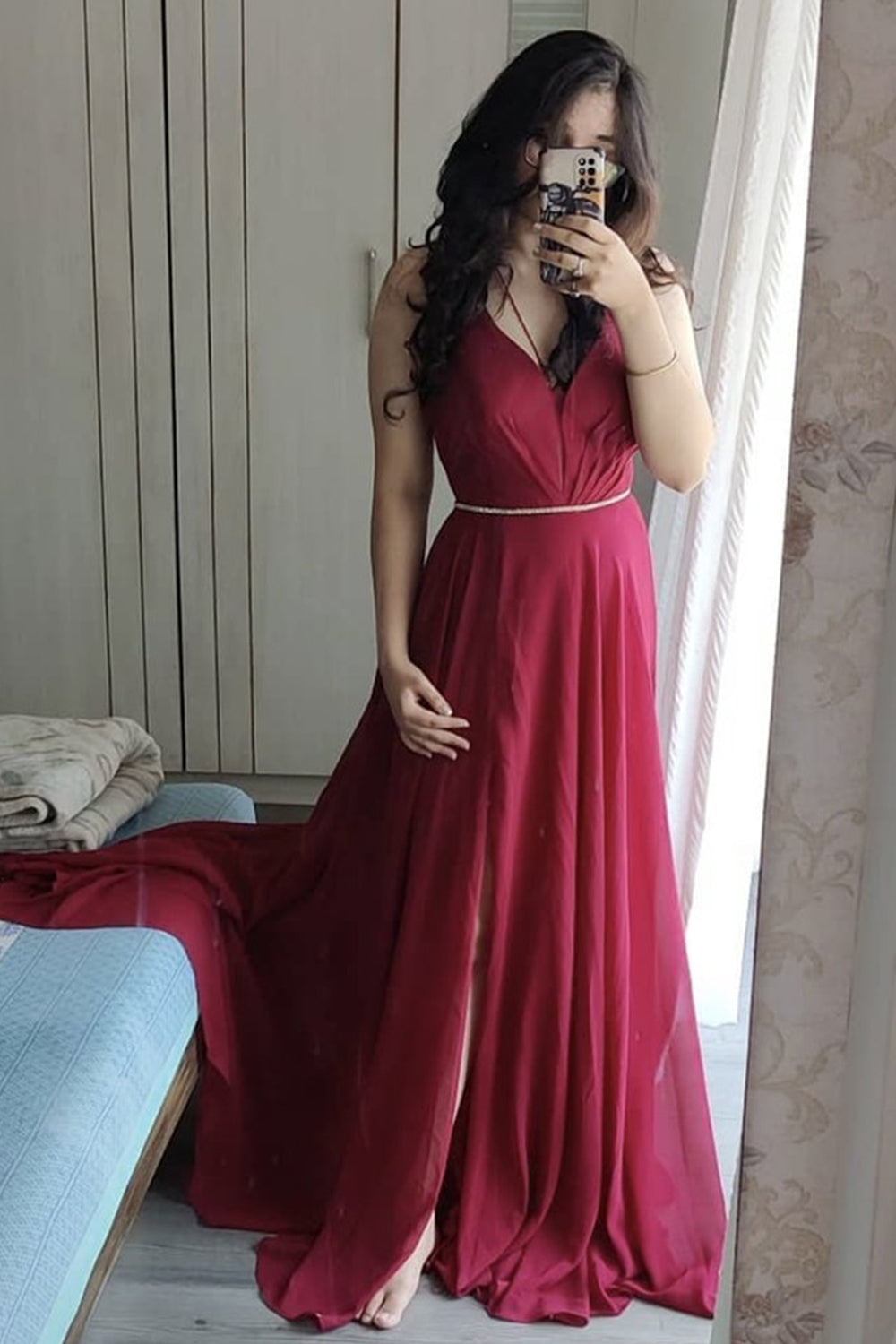 Unthony - A Line V Neck Burgundy Chiffon Long Prom Dress