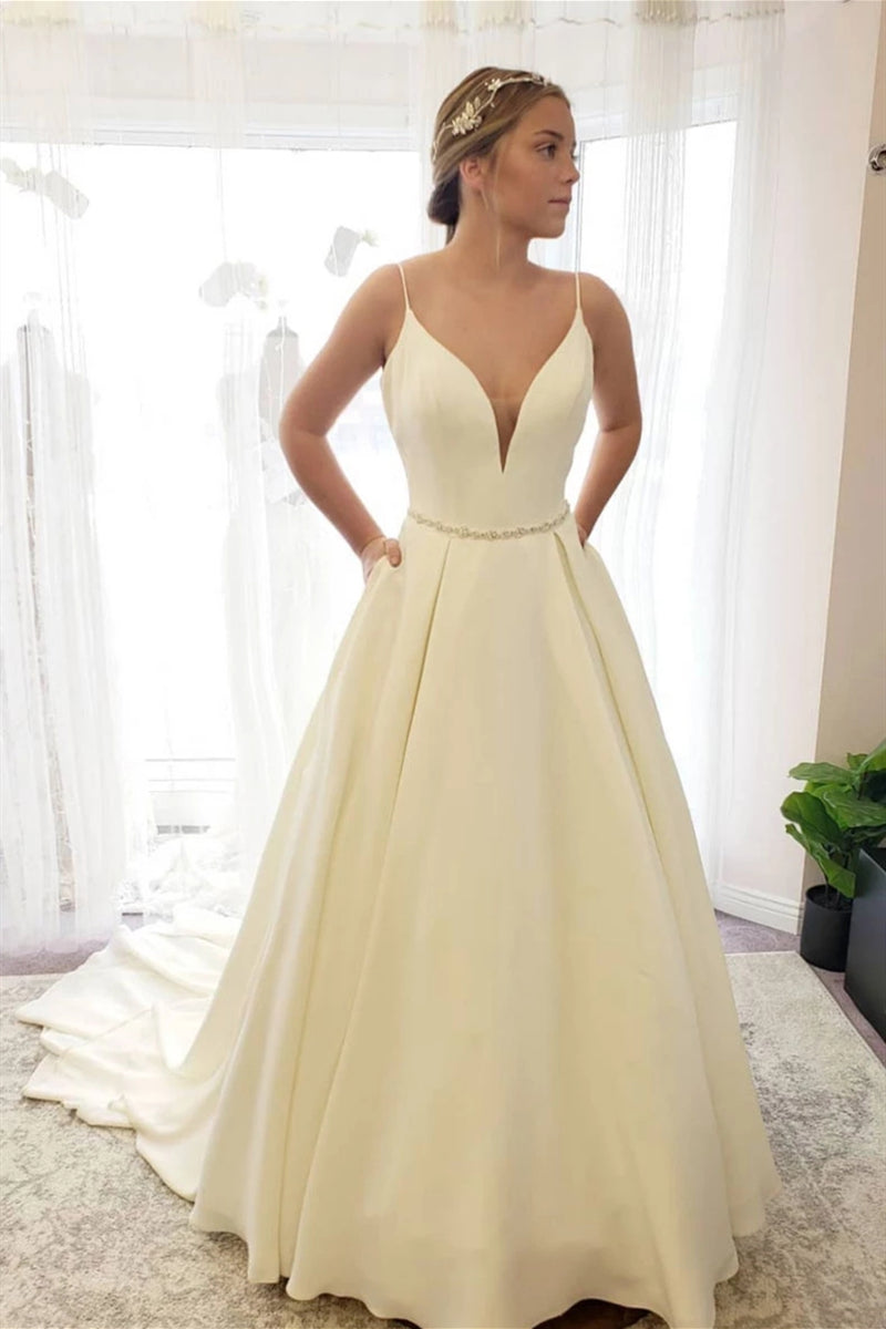 Unthony - Simple V Neck Backless Ivory Wedding Dress with Train
