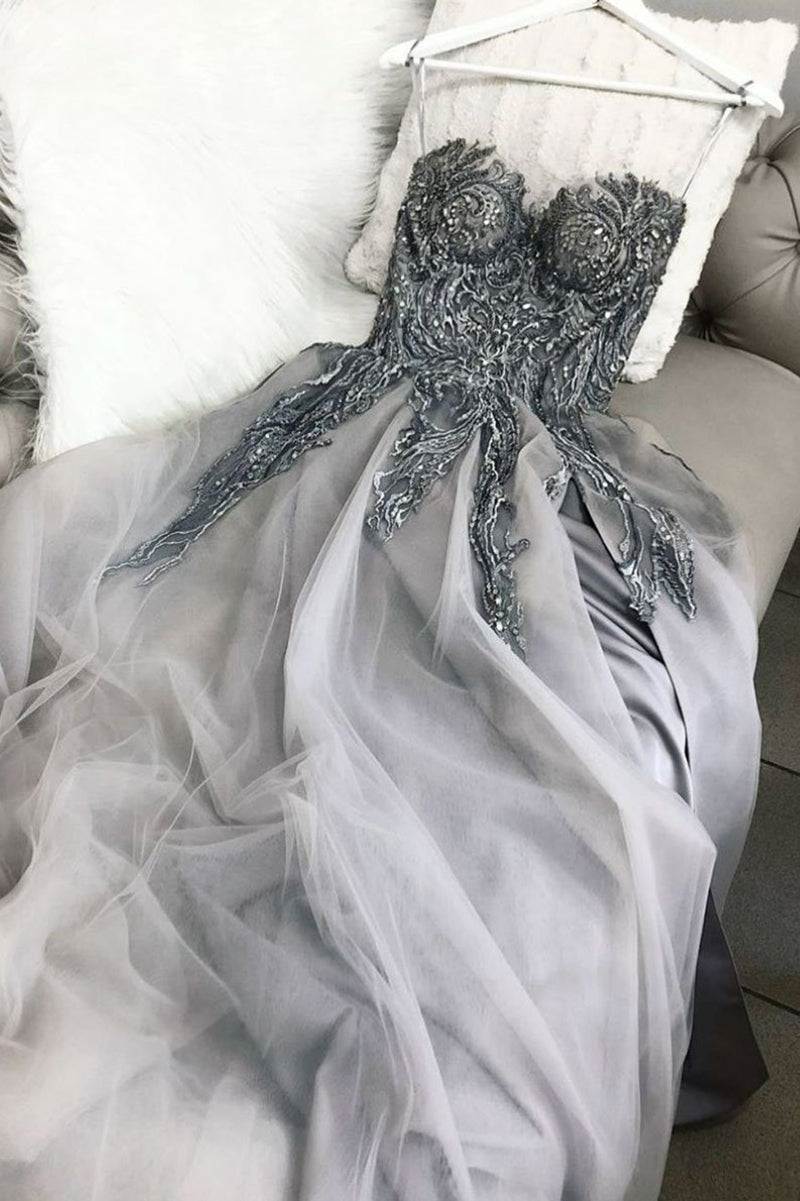 Unthony - Strapless Sweetheart Neck Gray Lace Long Prom Dress