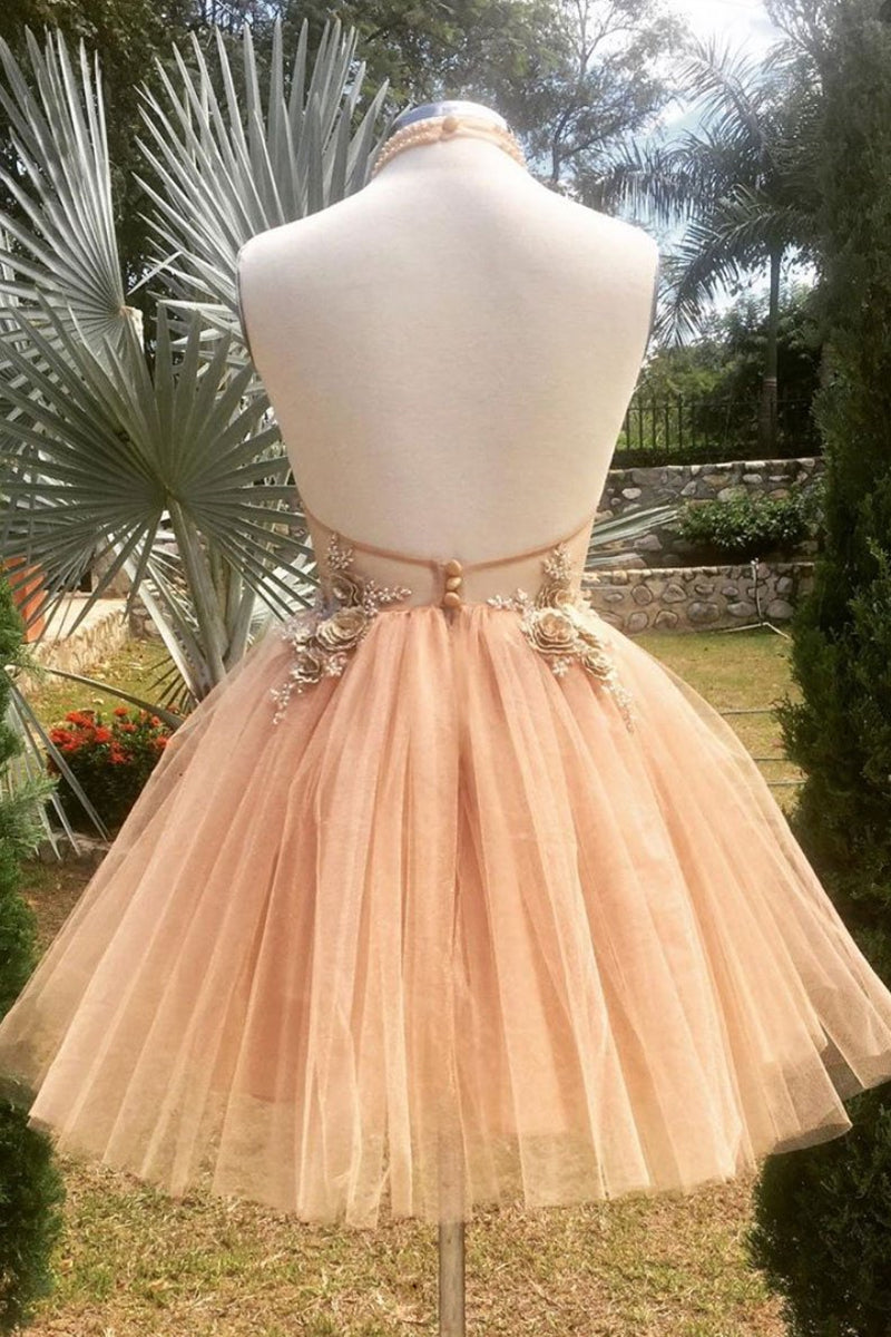 Unthony - Halter Neck Backless Champagne 3D Floral Short Prom Dress