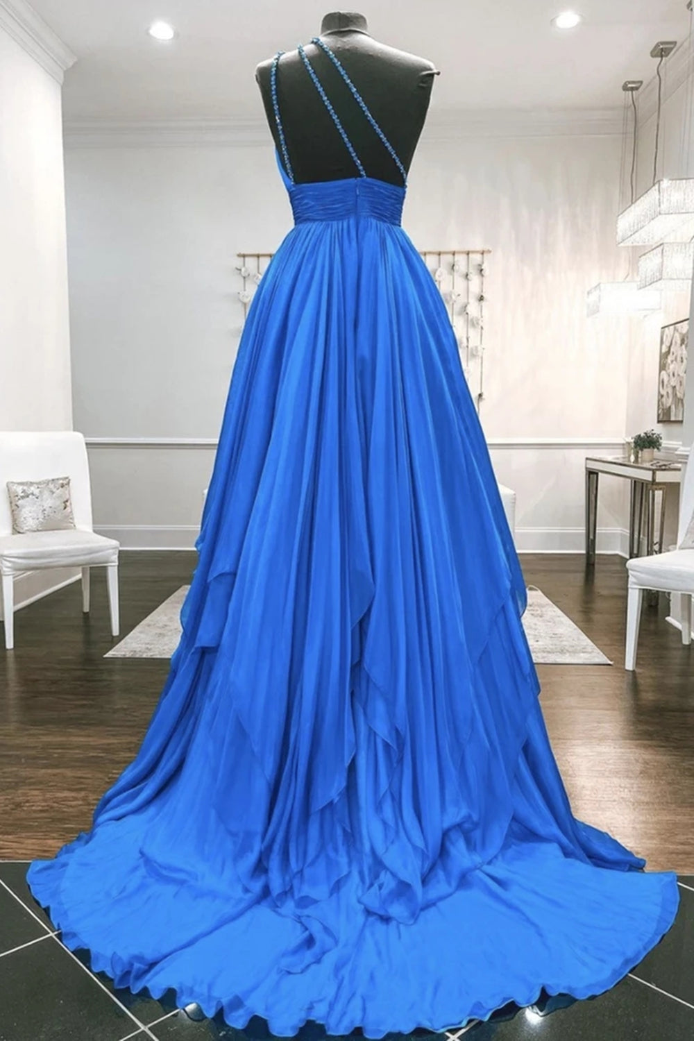 Unthony - One Shoulder Backless Blue Chiffon Long Prom Dress