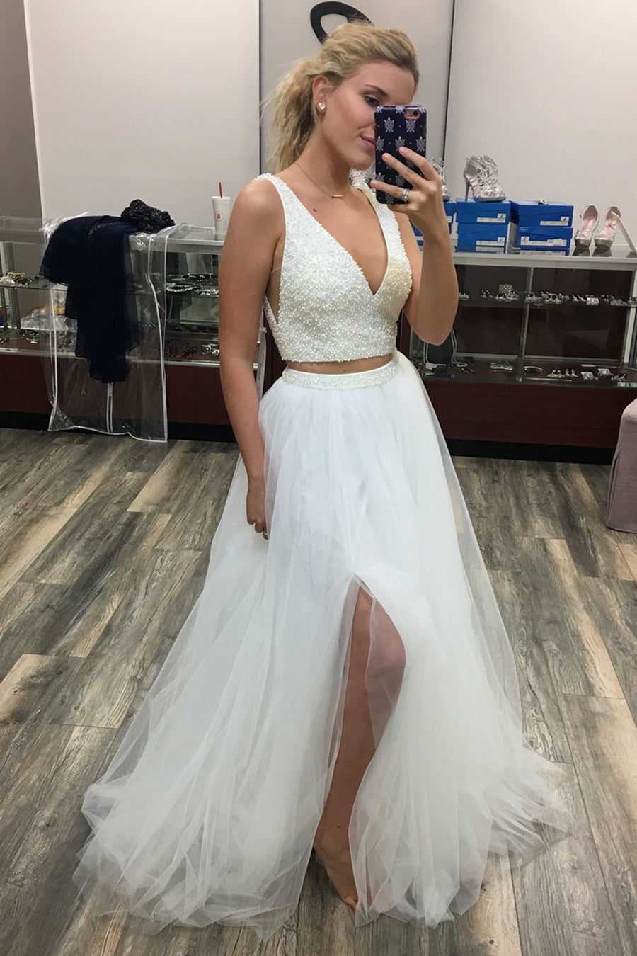 Unthony - Gorgeous V Neck Two Pieces White Beaded Long Prom Dress with Slit