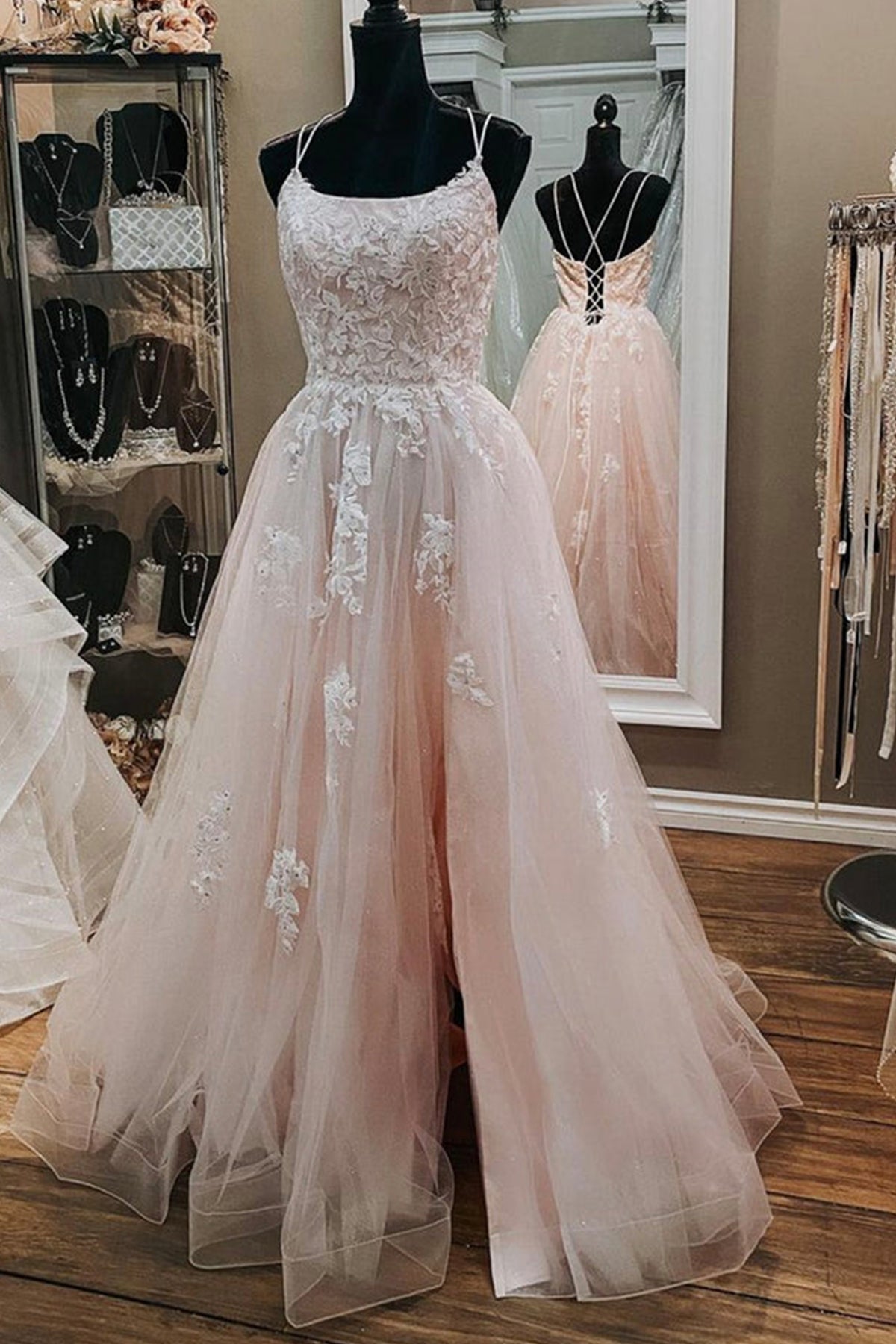 Unthony - Open Back Pink Tulle Lace Long Prom Dress with Appliques