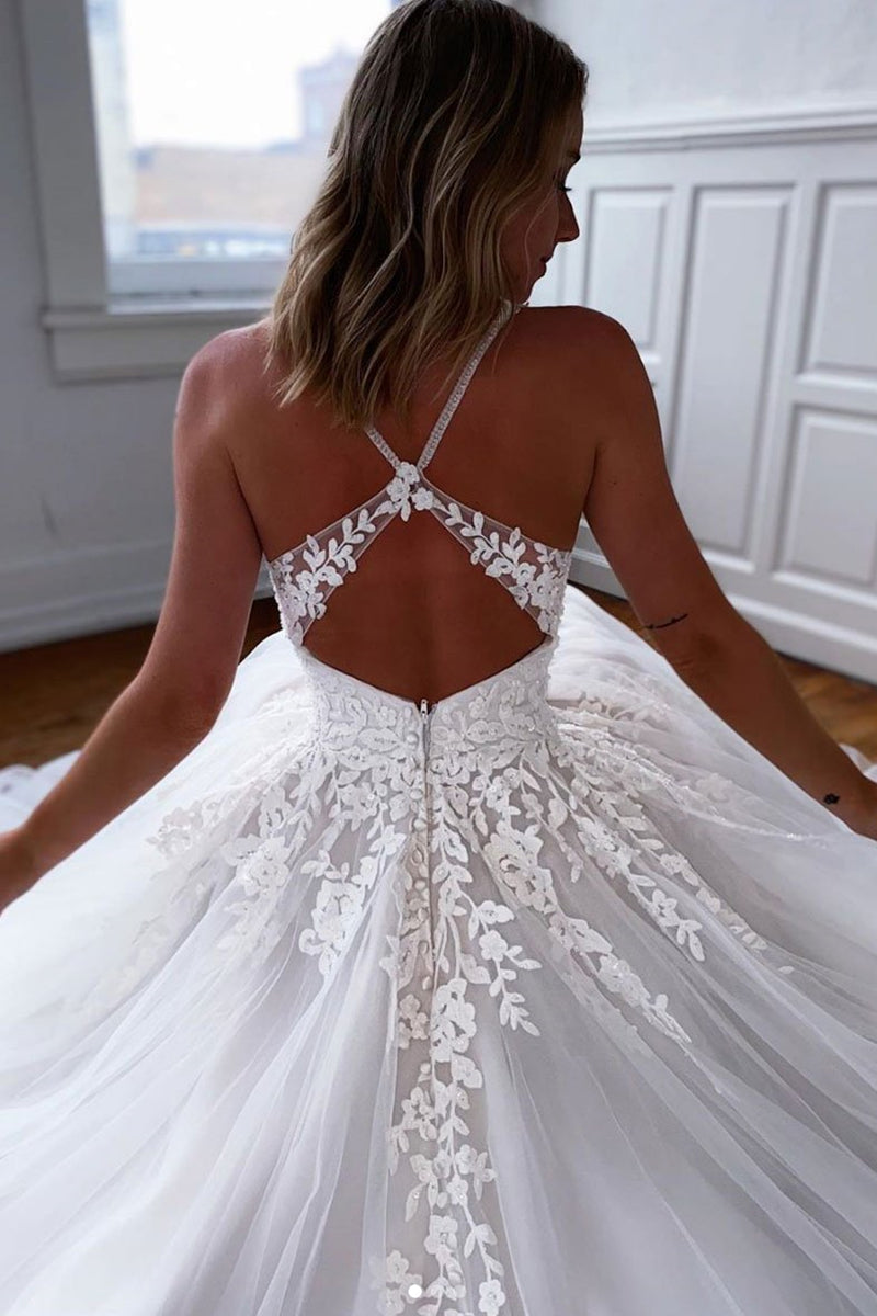 Unthony - A Line V Neck Open Back White Lace Long Wedding Dress