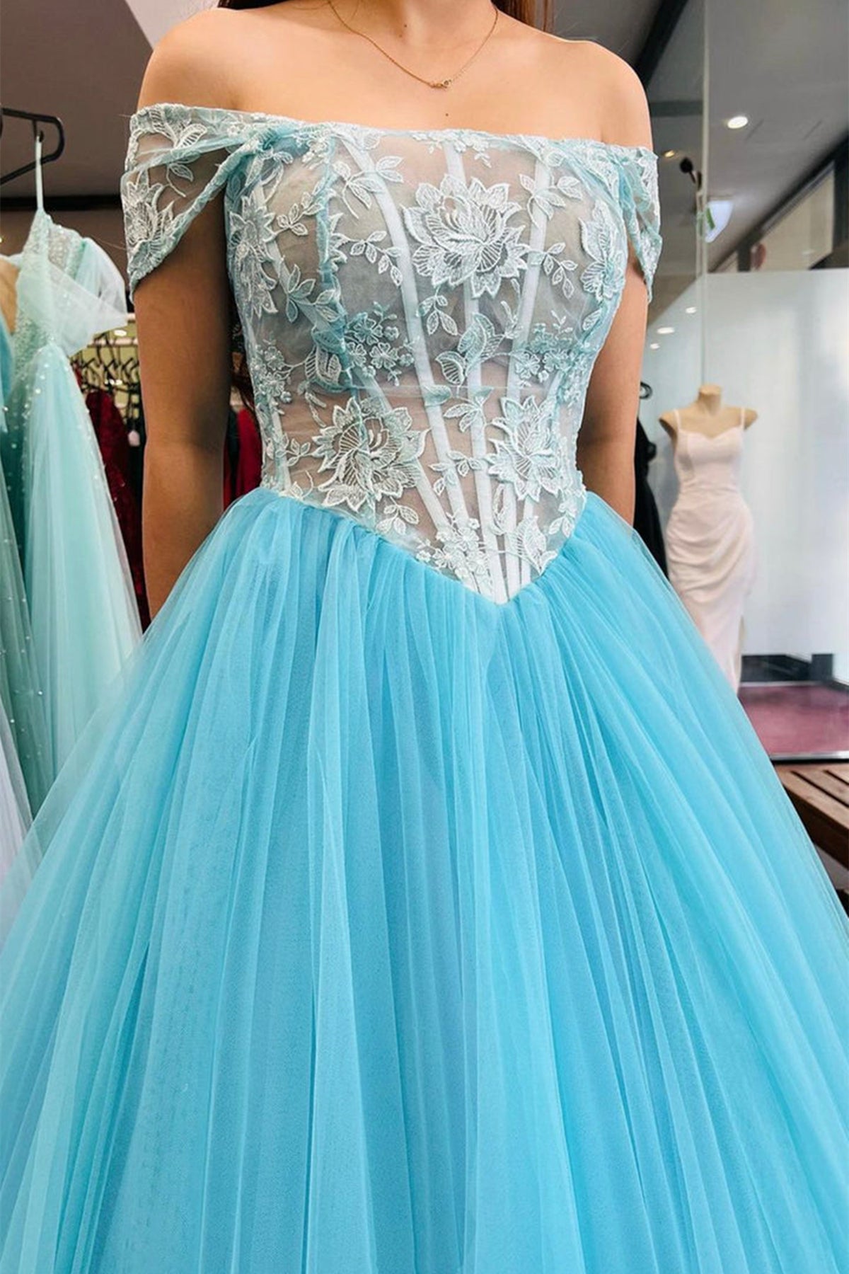 Unthony - Off Shoulder Blue Lace Tulle Long Prom Dress