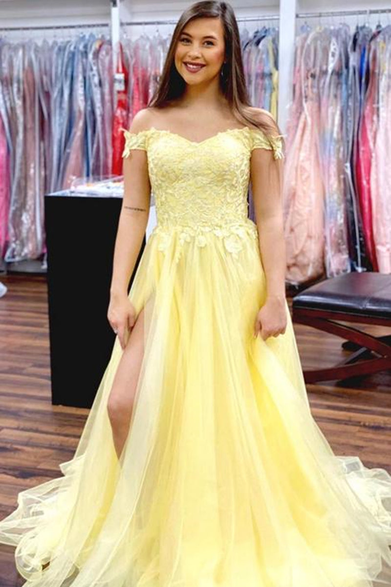 Unthony - Off Shoulder Yellow Lace Long Prom Dress with High Slit