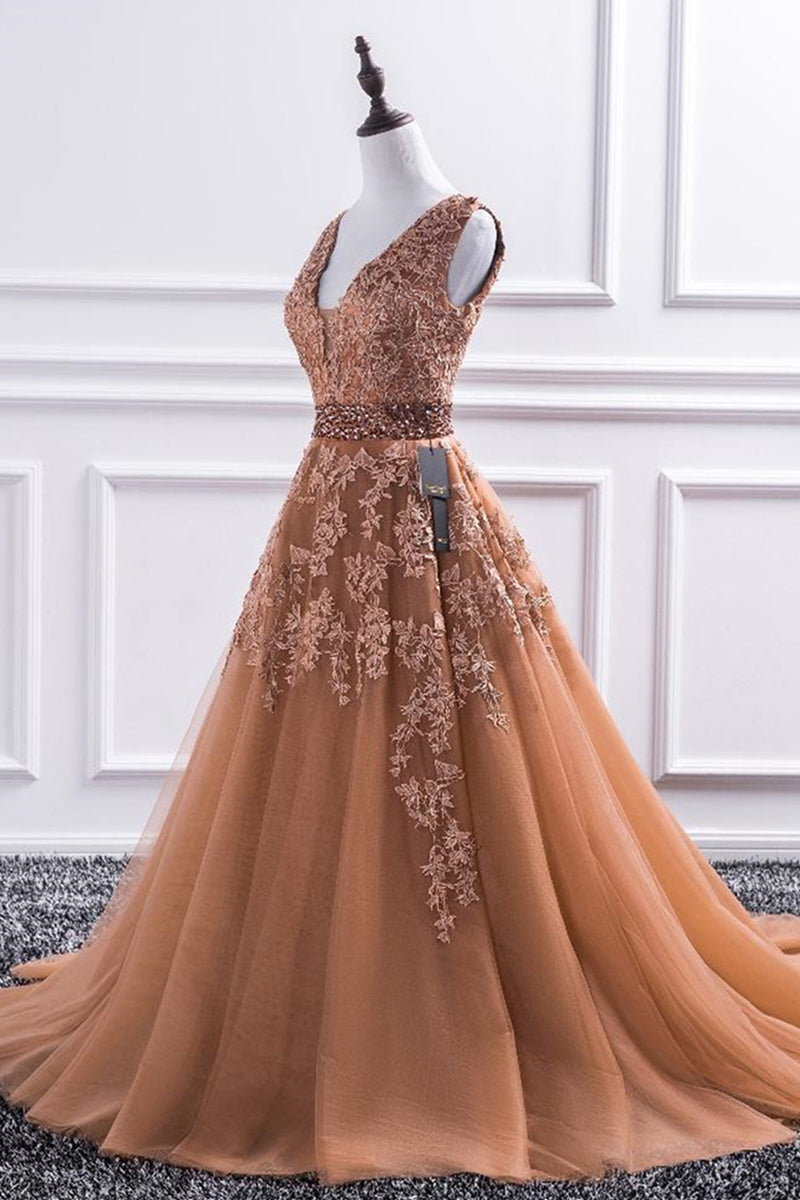 Unthony - Gorgeous V Neck Champagne Lace Long Prom Dress