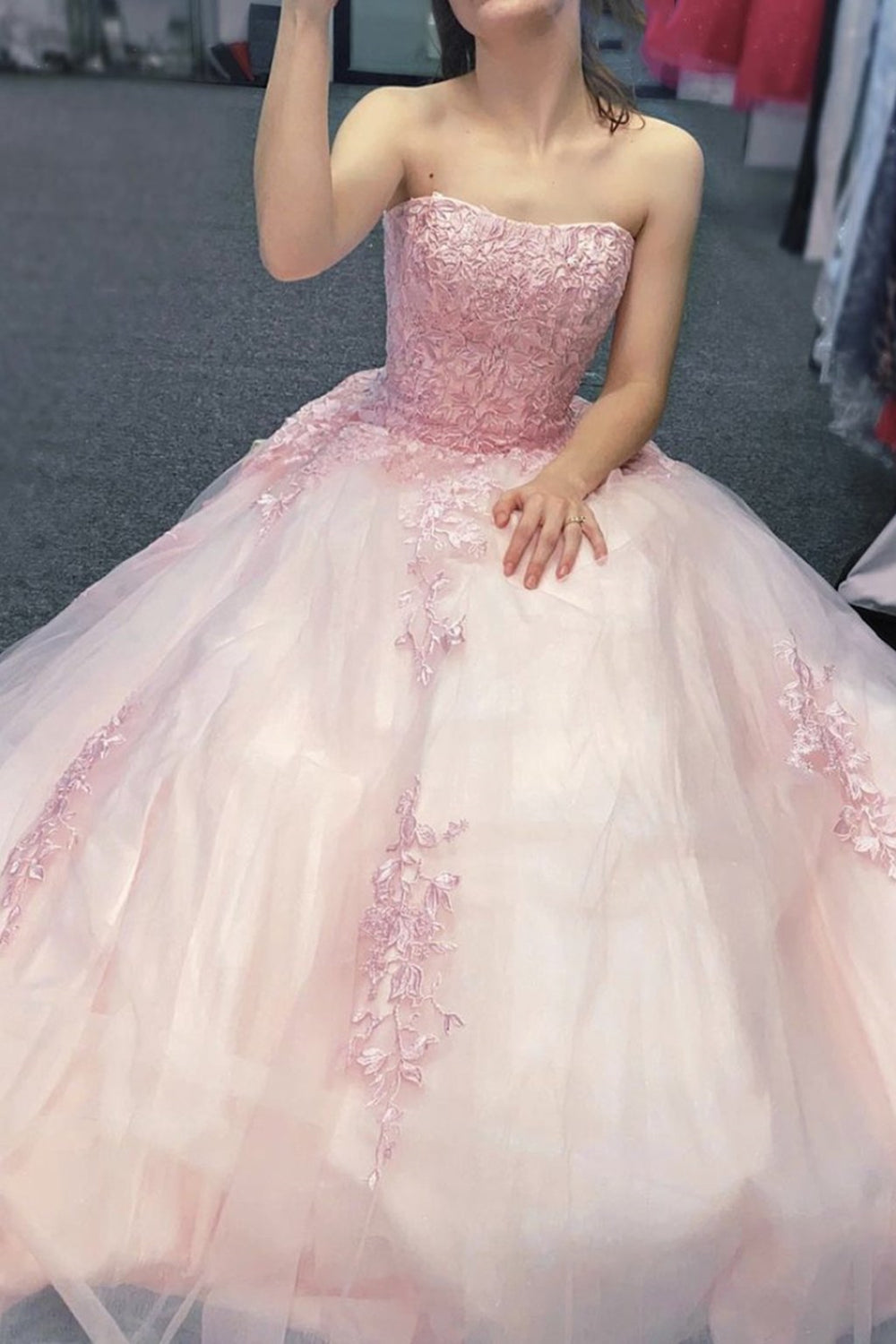 Unthony - Strapless Pink Lace Long Prom Dress