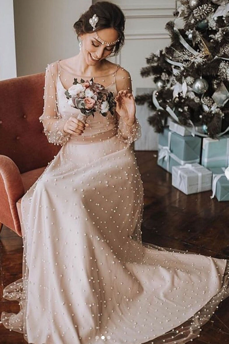 Unthony - Long Sleeves Round Neck Champagne Beaded Long Prom Dress