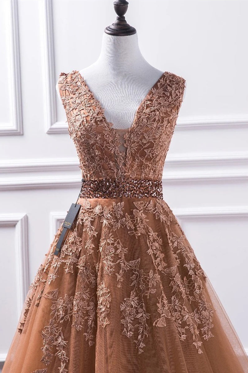 Unthony - Gorgeous V Neck Champagne Lace Long Prom Dress