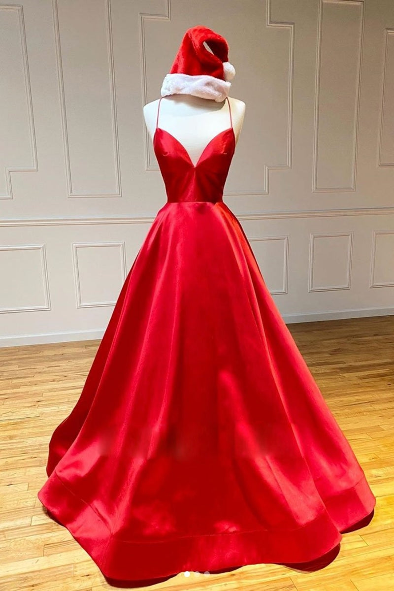 Unthony - Simple A Line V Neck Backless Red Long Prom Dress