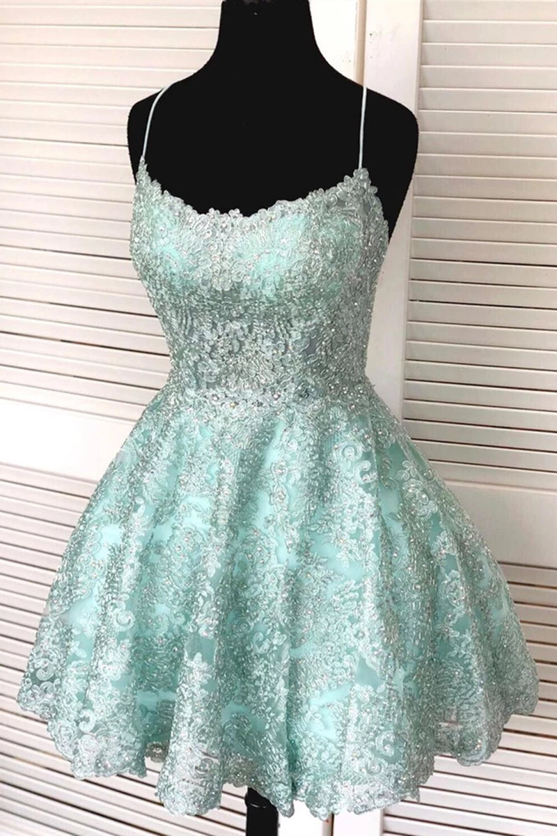 Unthony - A-Line Spaghetti Straps Backless Mint Green Lace Short Prom Dress