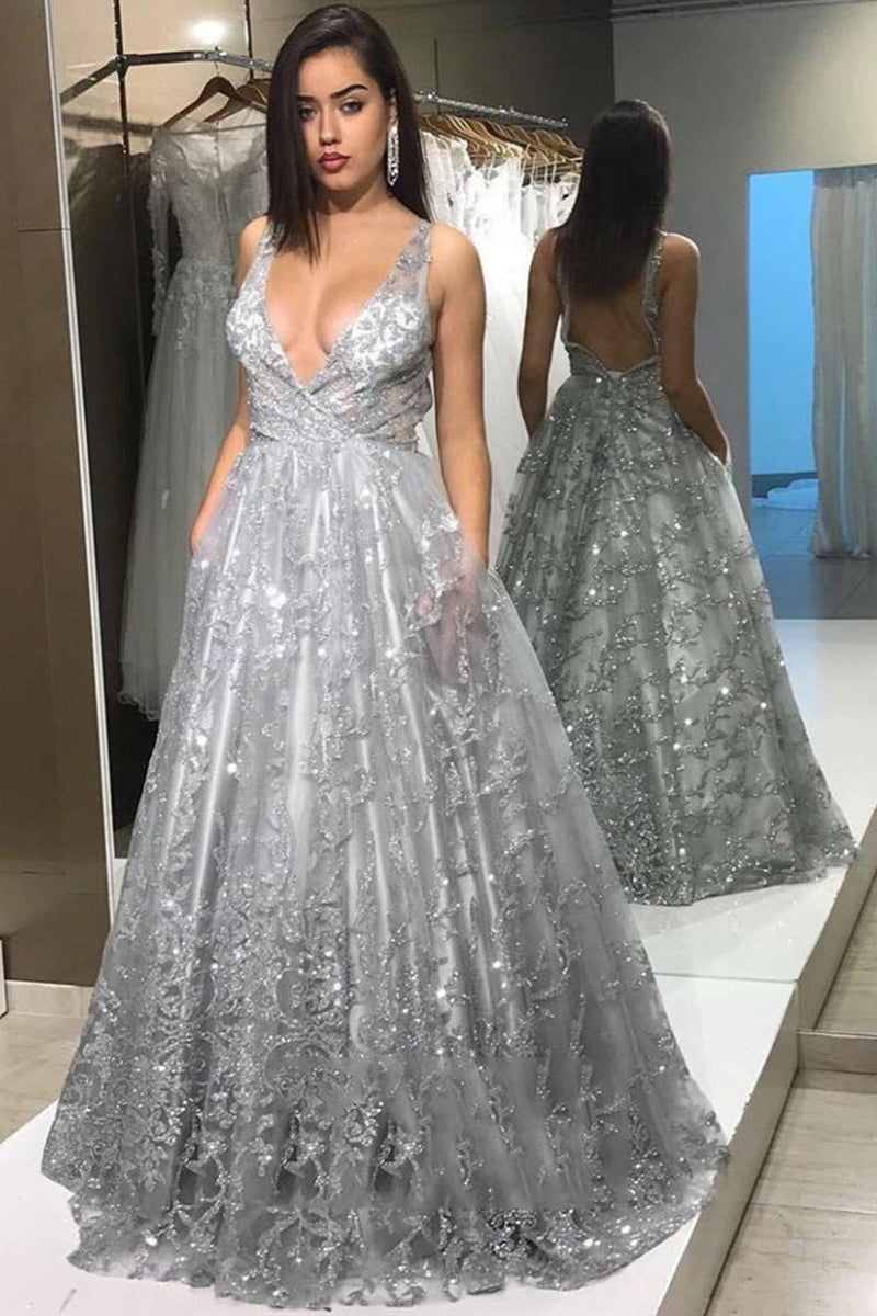 Unthony - A Line V Neck Backless Silver Grey Lace Long Prom Dress