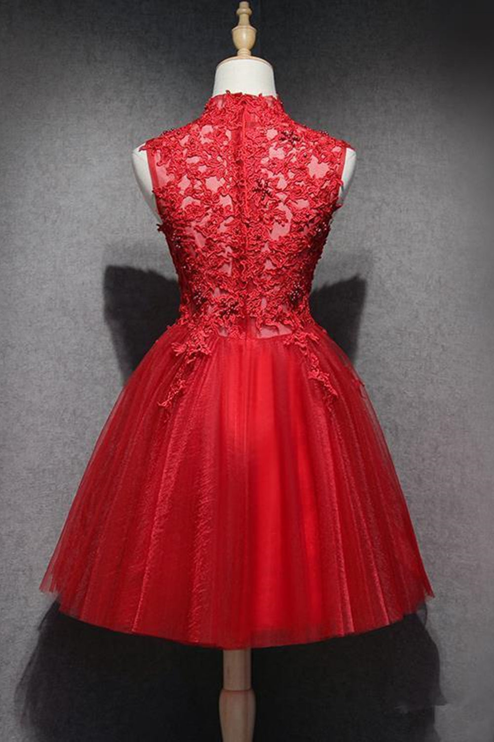 Unthony - High Neck Red Lace Short Prom Dress