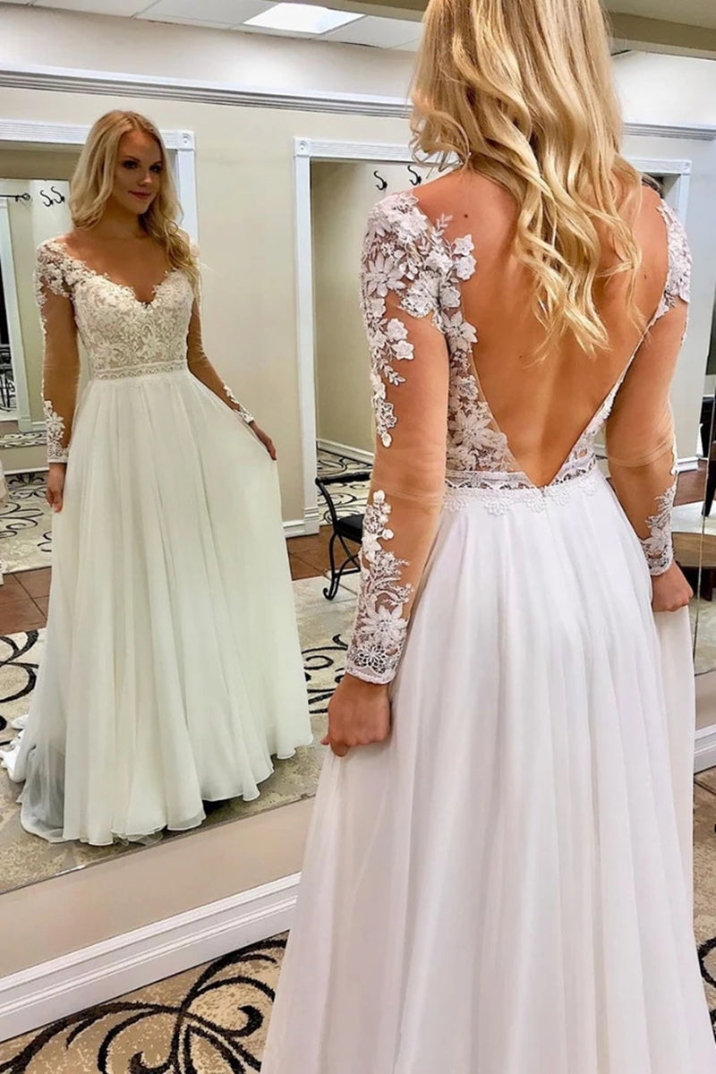 Unthony - V Neck Open Back Long Sleeves White Lace Wedding Prom Dress