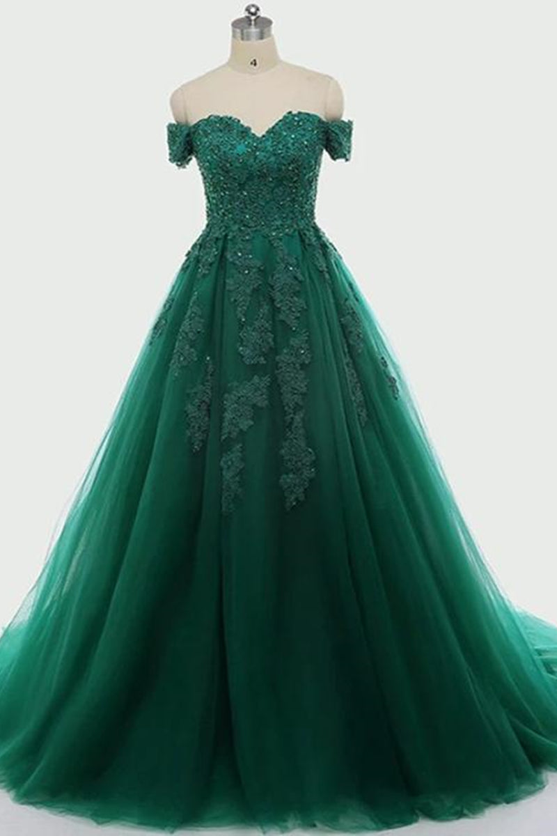 Unthony - Off the Shoulder Dark Green Lace Long Prom Dress
