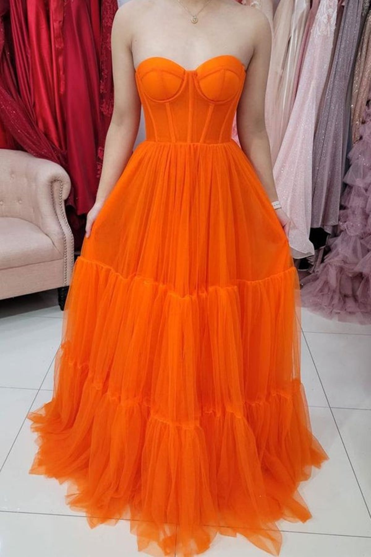 Unthony - Sweetheart Neck Strapless Orange Tulle Long Prom Dress