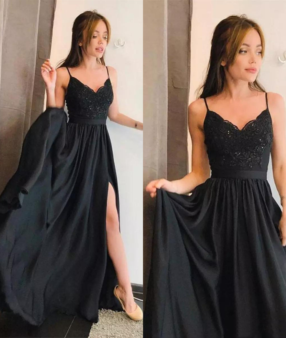 Unthony - A Line Spaghetti Straps Black Lace Long Prom Dress with Leg Slit