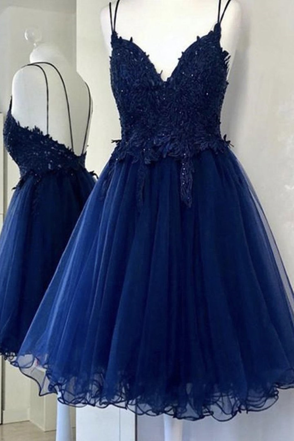 Unthony - Cute V Neck Backless Blue Lace Short Prom Dresses