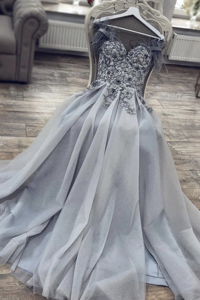 Unthony - A Line Sweetheart Neck Long Gray Lace Prom Dress