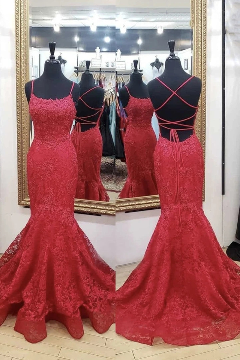Unthony - Backless Mermaid Red Lace Long Prom Dress