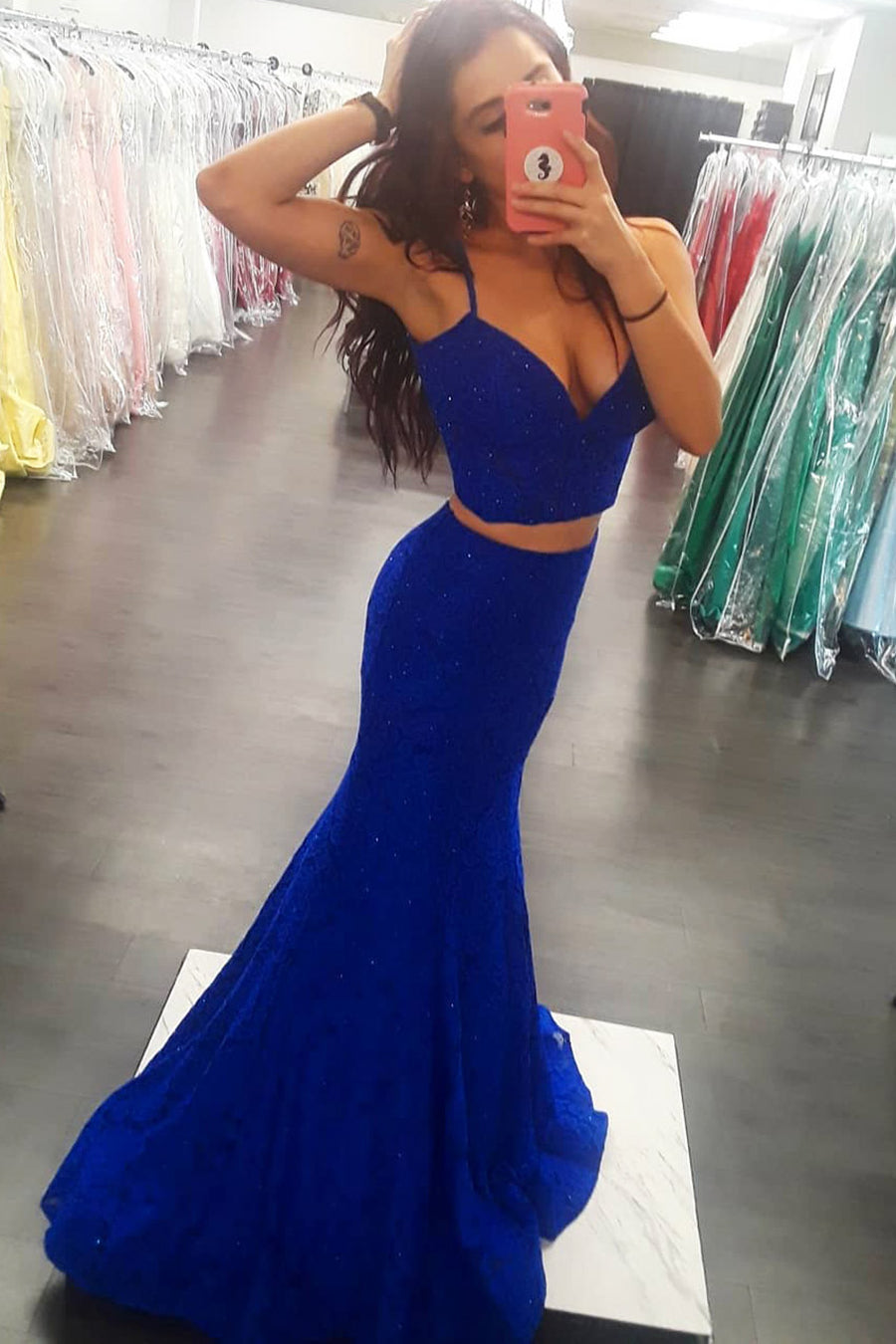 Unthony - Shiny Two Pieces Mermaid Royal Blue Long Prom Dresses