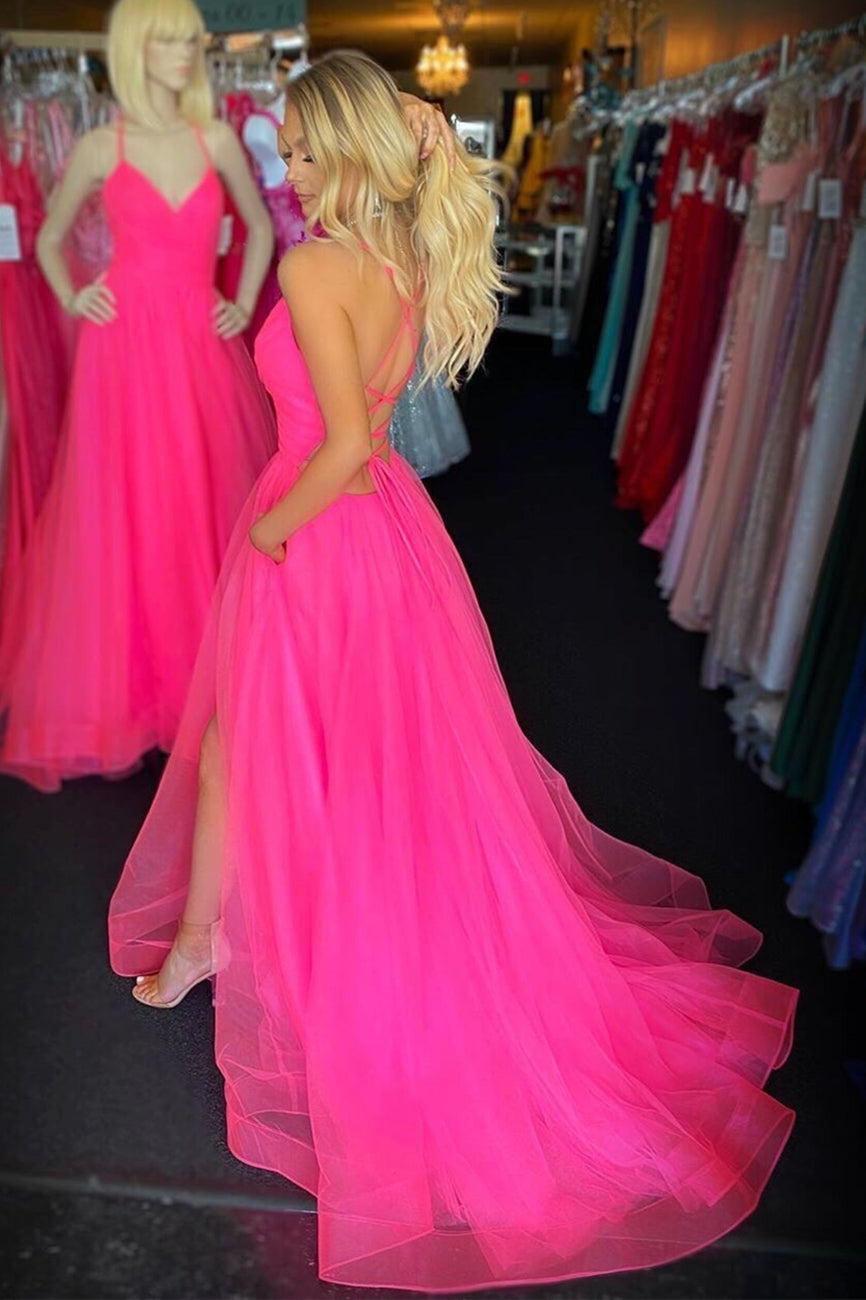 Unthony - A Line V Neck Backless Hot Pink Long Prom Dress with Slit