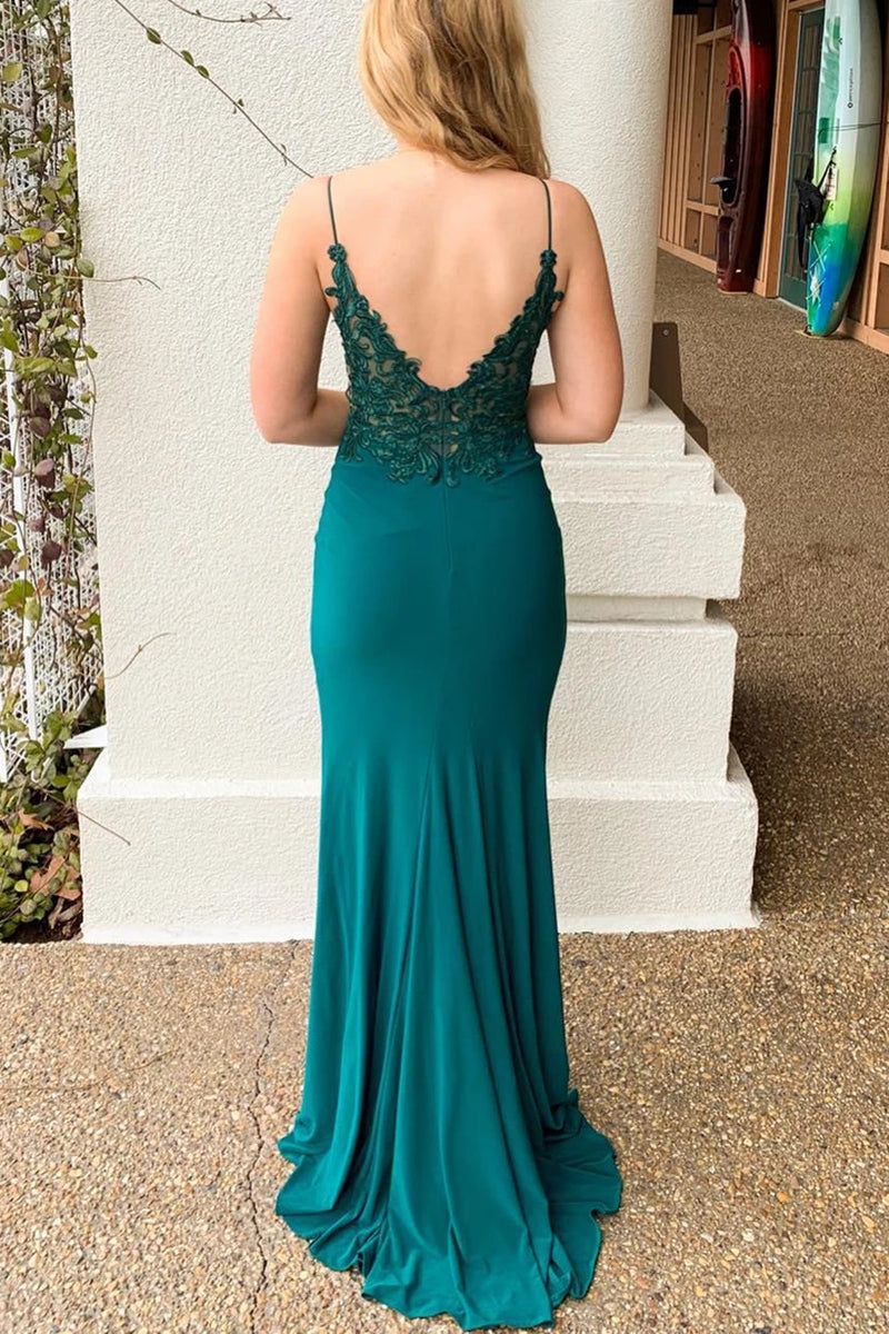 Unthony - Mermaid Backless Lace Green Long Prom Dress with Slit