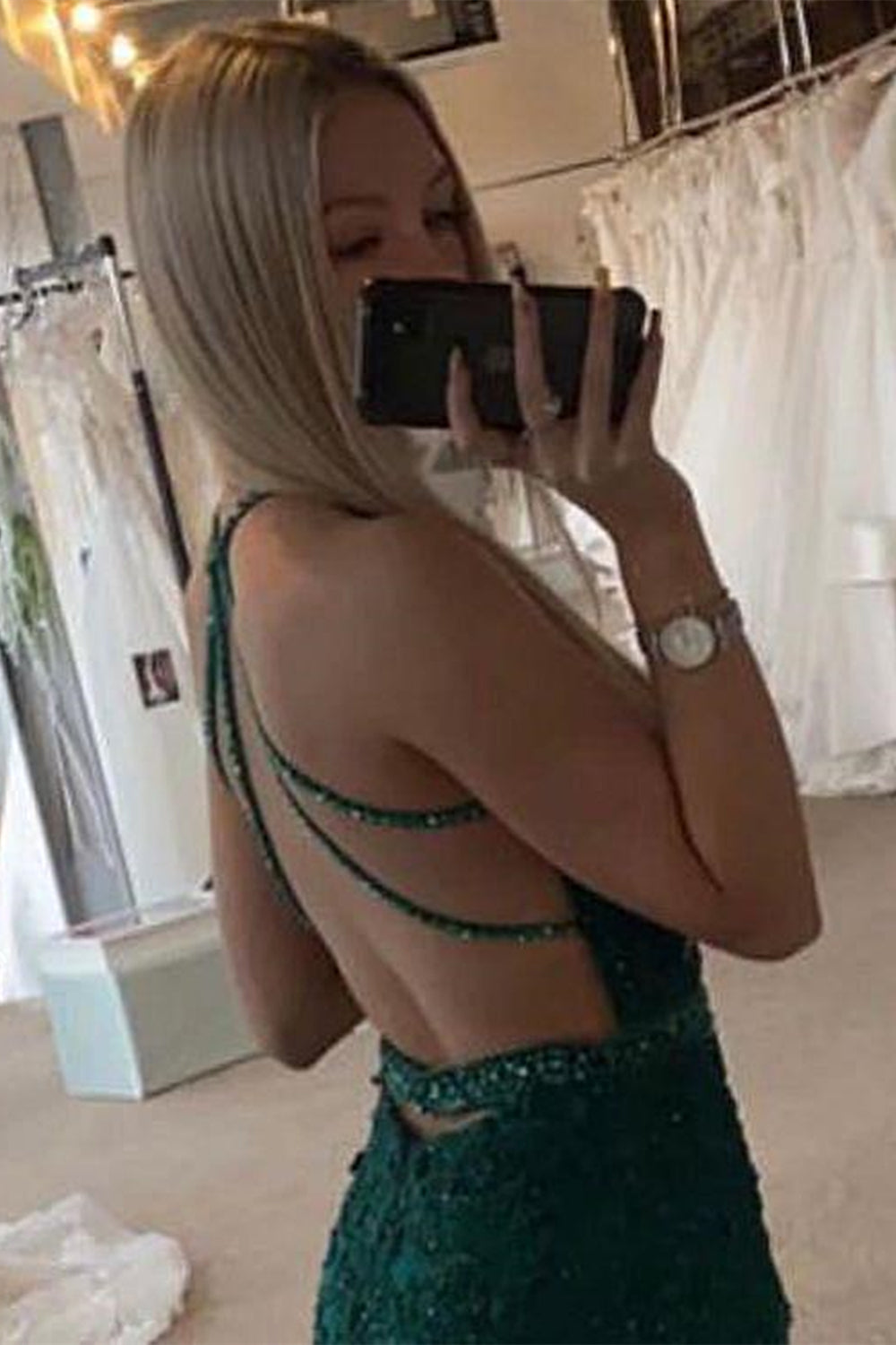 Unthony - Mermaid V Neck Open Back Green Lace Long Prom Dress with Belt