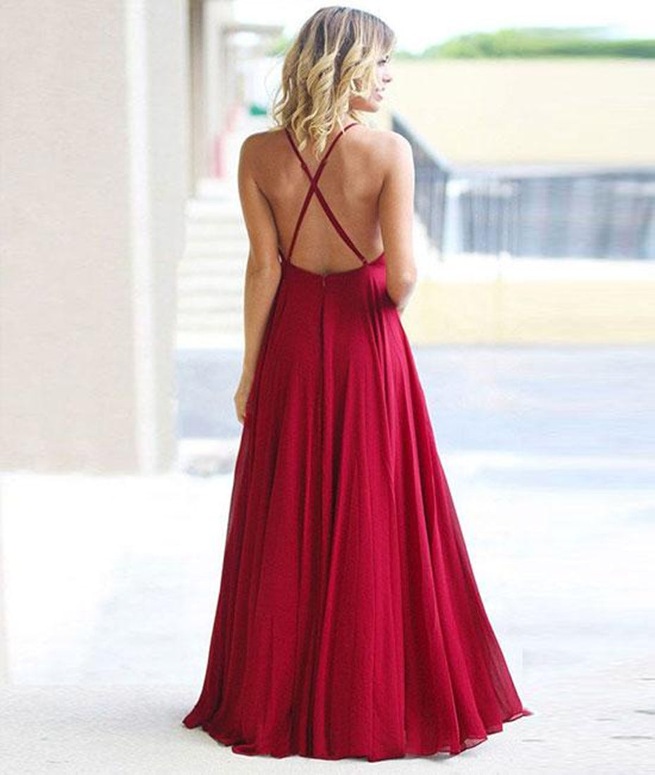 Unthony - Simple Burgundy A Line Backless Chiffon Long Prom Dresses