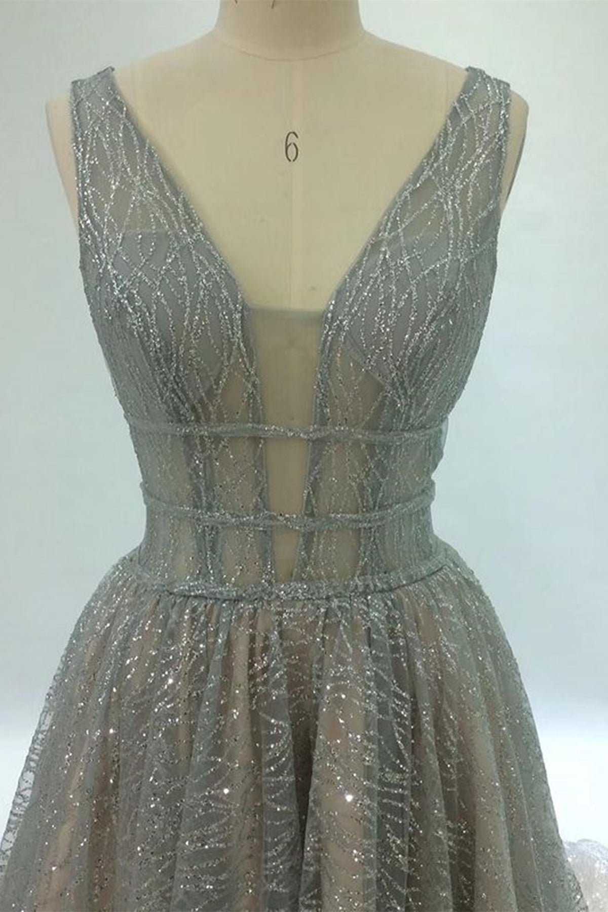 Unthony - Shiny V Neck Open Back Champagne Long Prom Dresses